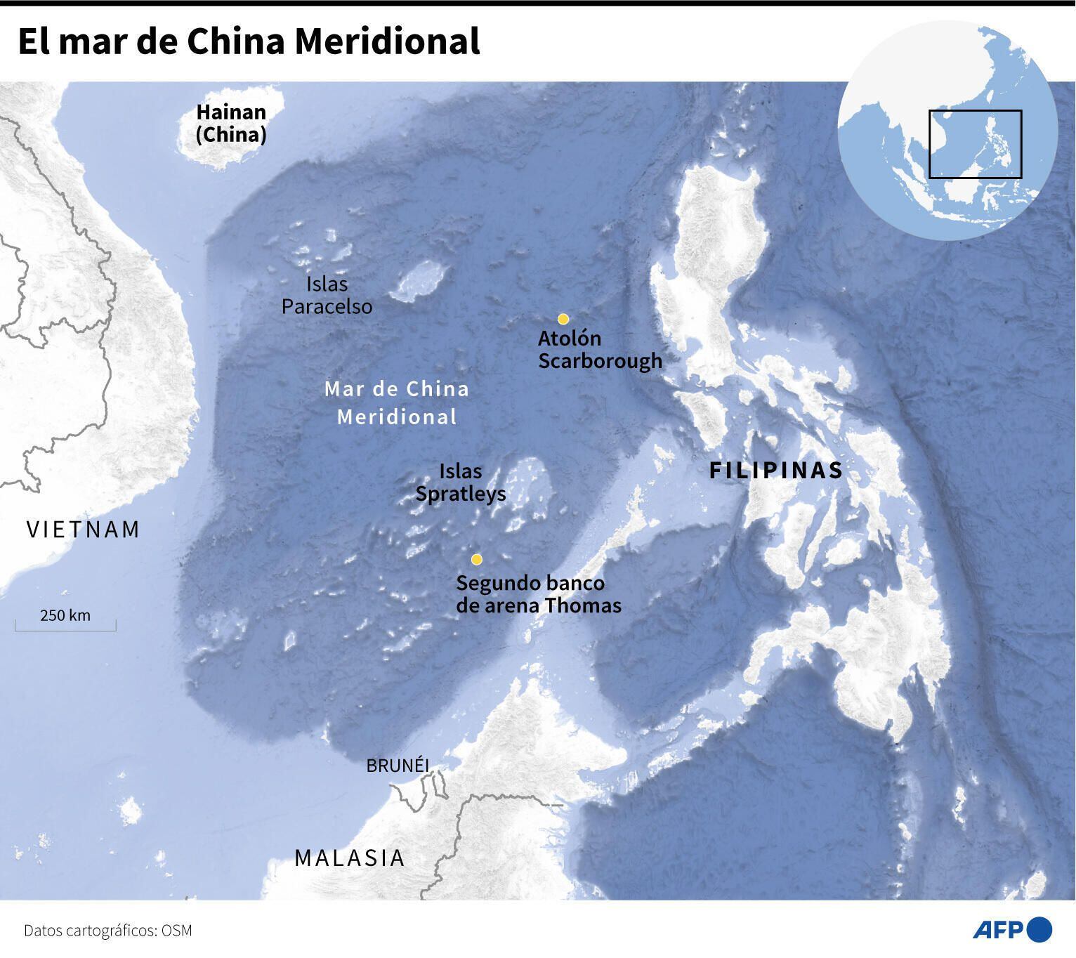 Filipinas, Bruneí, Taiwán, Vietnám, Malasia y China reclaman soberanía sobre el mar de China Meridional. Foto: Sophie Ramis y Valentin Rakovsky/AFP