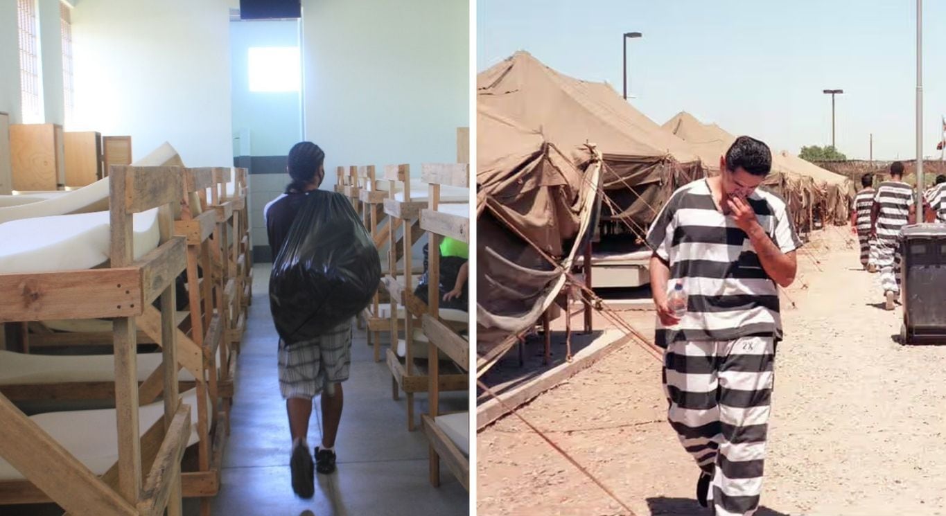 A la izquierda, el centro penal Terrazas; a la derecha, la Ciudad de las Carpas, que operó en Arizona, Estados Unidos, por 24 años.
