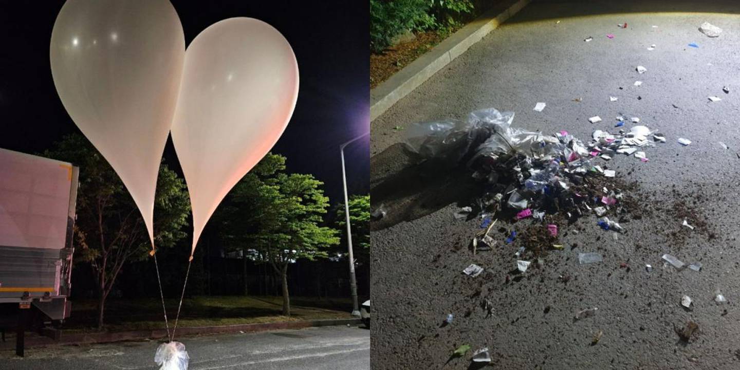 Fotografía de globos blancos norcoreanos cargados con basura y presuntas heces, capturados en la frontera con Corea del Sur, aumentando la tensión entre ambas naciones.