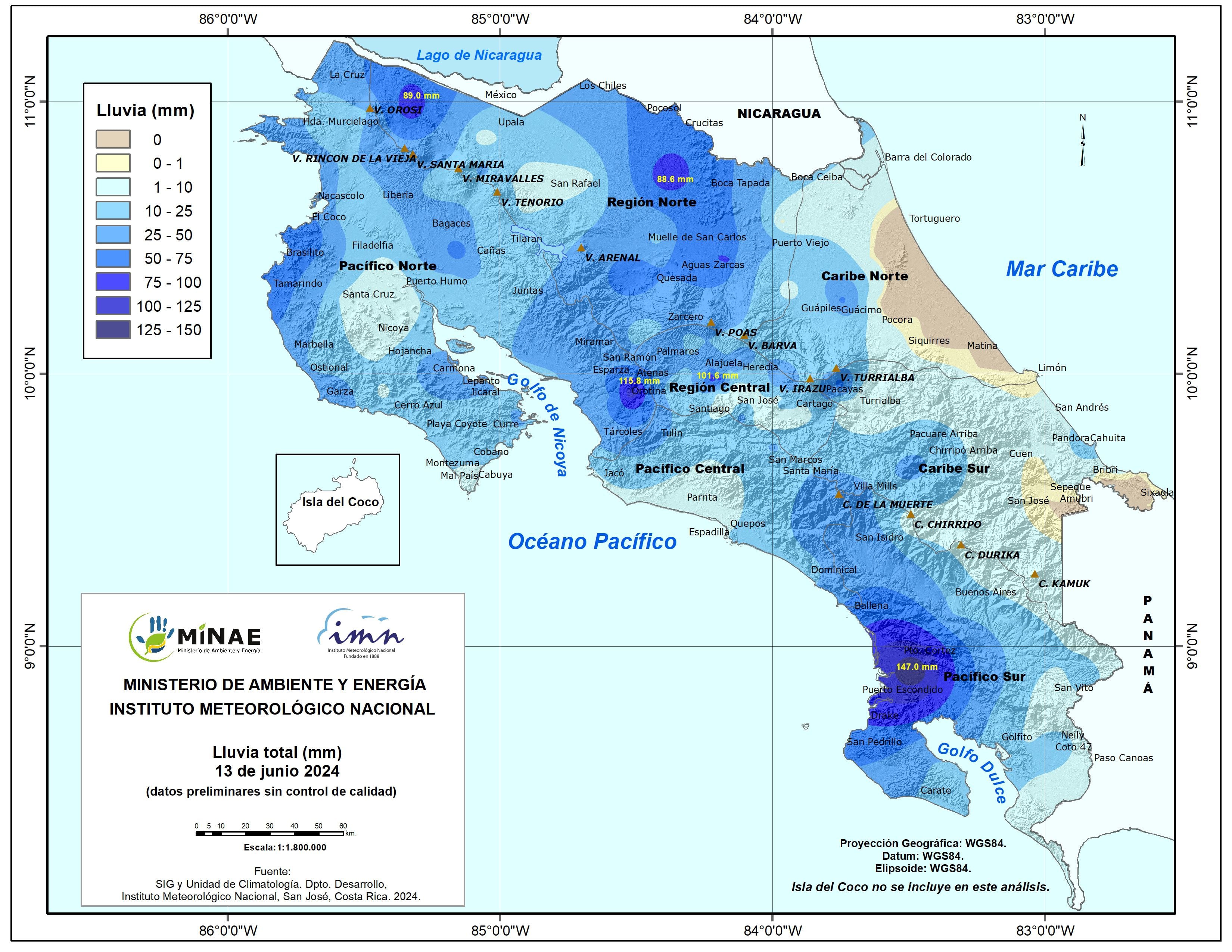 Los puntos más azules reflejan las zonas donde más llovió el jueves. Sierpe de Osa tuvo 146 mm. También llovió fuerte en Orotina, Alajuela, Cutris de San Carlos y el volcán Orosi en La Cruz, Guanacaste. Imagen: IMN.