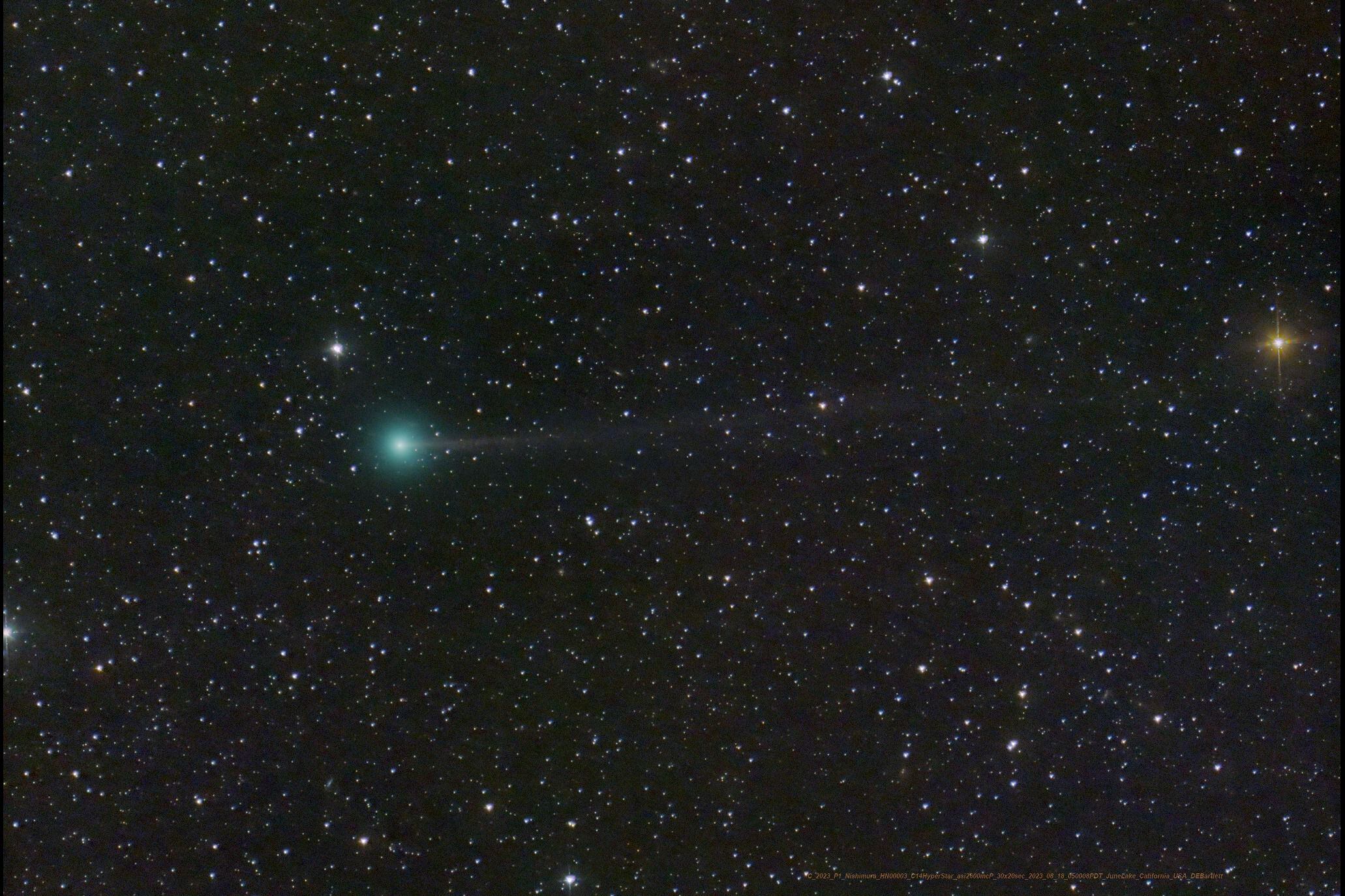 Imagen del cometa C/2023 P1 Nishimura fotografiado el pasado 18 de agosto sobre June Lake en California (EE. UU.) por Dan Bartlett. Fotografía: Cortesía de NASA y Dan Bartlett.