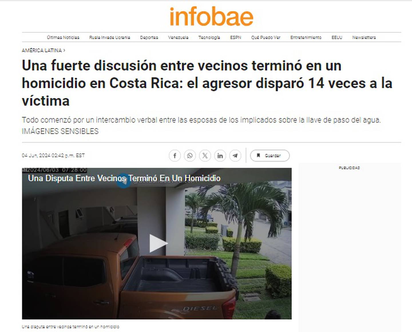 Medios internacionales compartieron la noticia sobre el homicidio ocurrido en el lujoso condominio. Captura de pantalla.