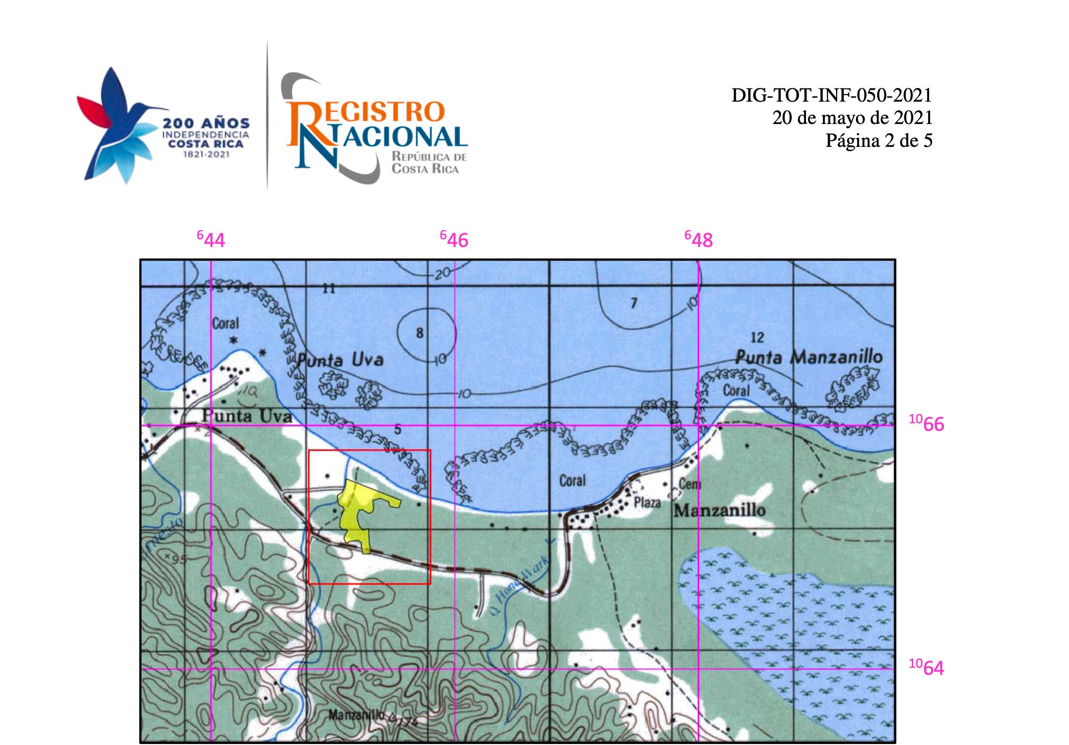 Parte del oficio DIG-TOT-0232-2021 del Registro Nacional emitido el 20 de mayo, donde aparece en amarillo la propiedad de Playa Manzanillo S. A. Fotografía: oficio DIG-TOT-0232-2021
