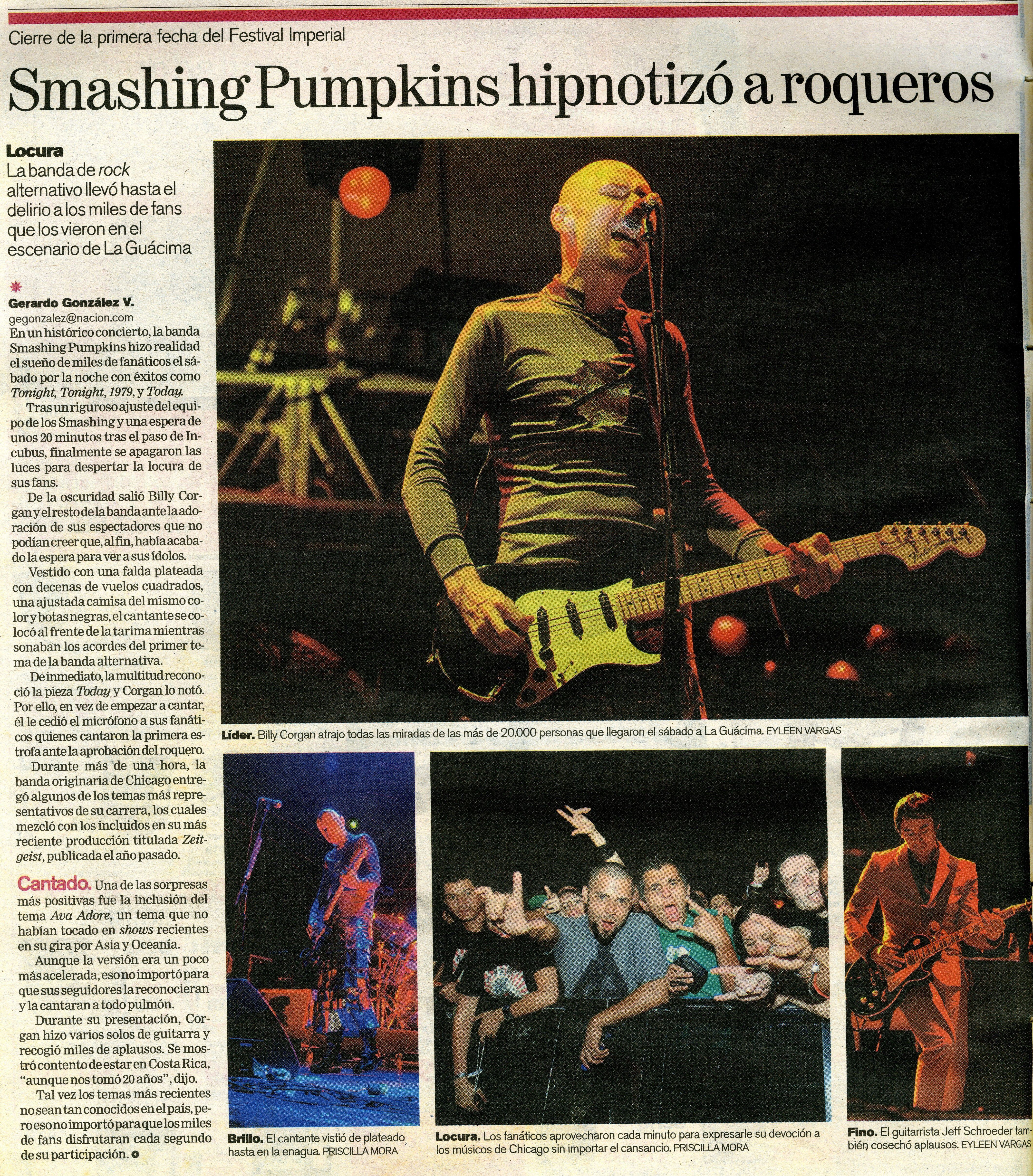 Así publicó 'La Nación' la crónica y fotos de la cobertura del concierto de Smashing Pumpkins en Costa Rica, ocurrida en el Festival Imperial del 2008.