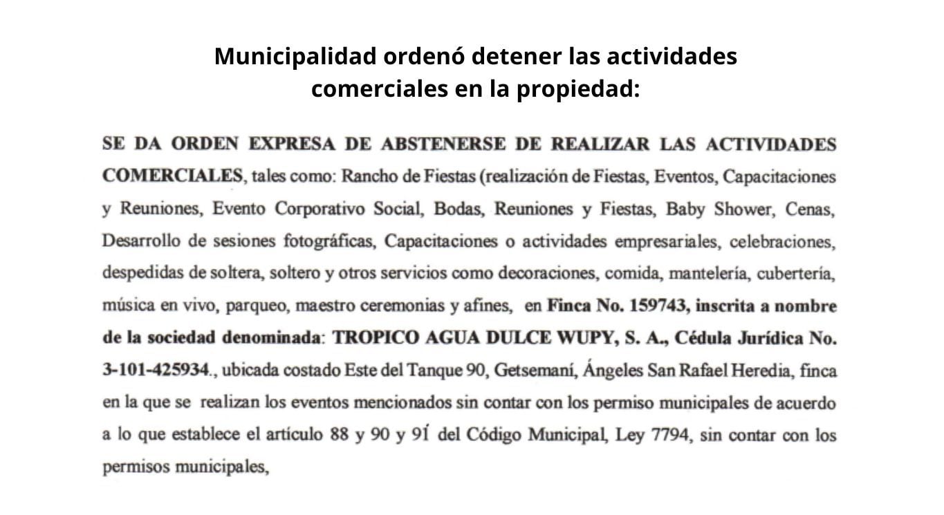 Orden emitida por la Municipalidad de San Rafael para que cesen los eventos en esa propiedad.