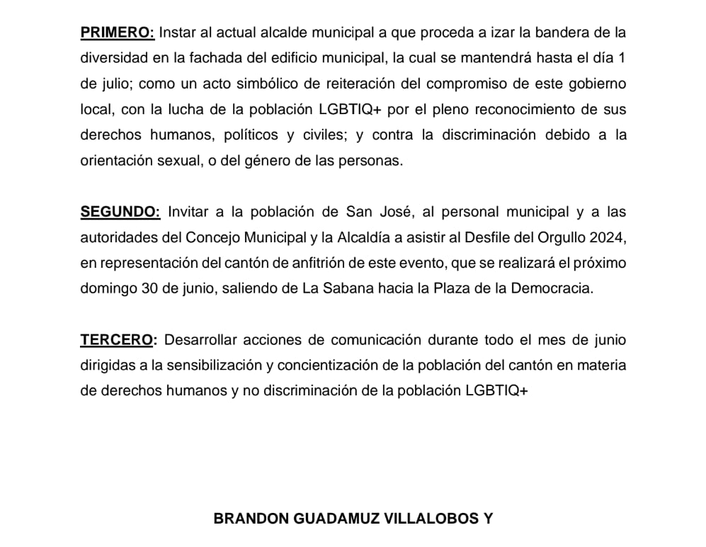 La moción fue presentada por el regidor del partido Frente Amplio, Brandon Guadamuz Villalobos.