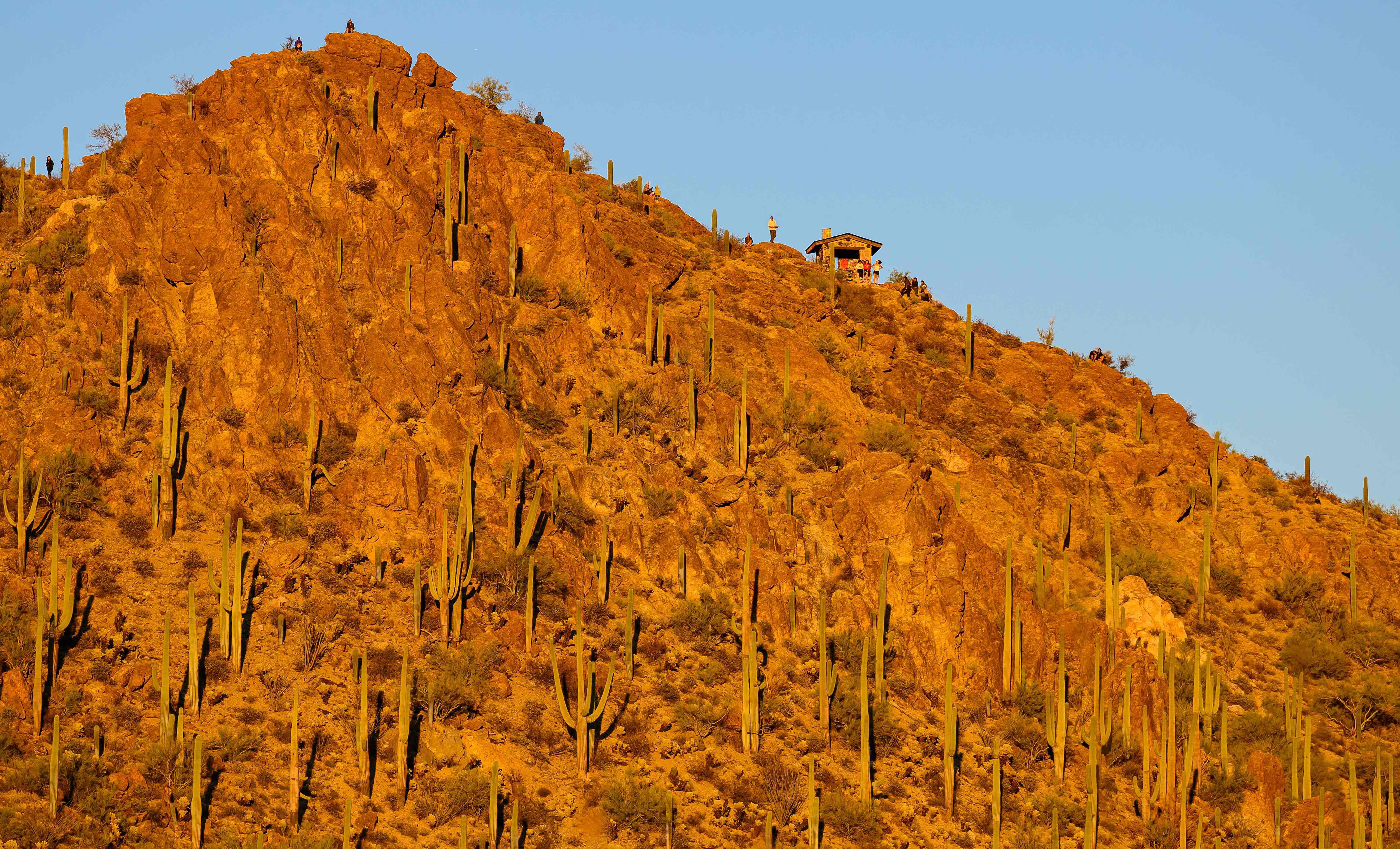 La gente observa la puesta de sol desde Gates Pass, cerca de la entrada al Parque Nacional Saguaro en Tucson, Arizona, el 19 de noviembre de 2023. (Foto de JOSH EDELSON / AFP)
