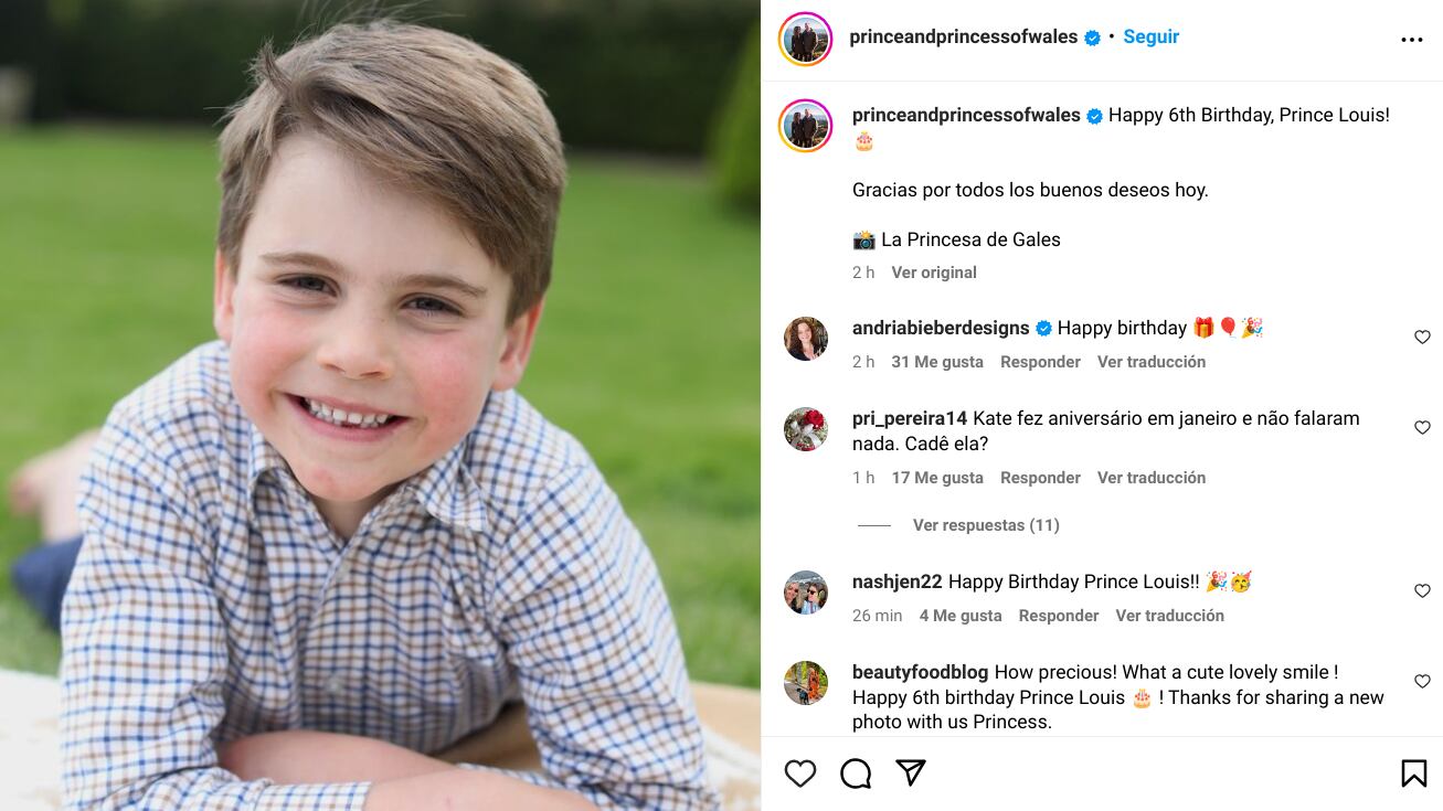 La fotografía del príncipe Louis, tomada por la duquesa de Cambridge, Kate Middleton, con motivo de su cumpleaños, fue compartida en Instagram.