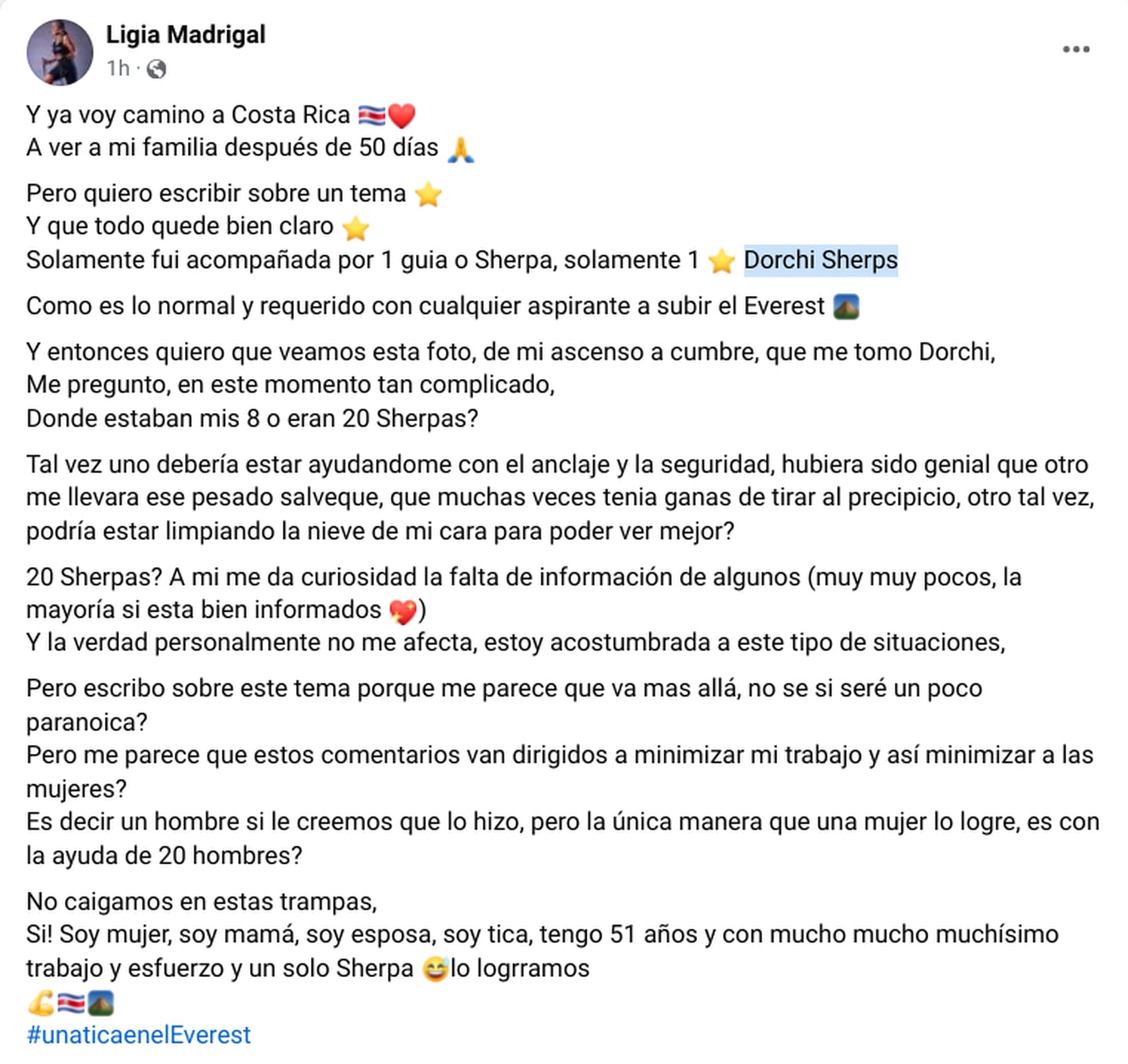 Ligia Madrigal anunció que viene de regreso a Costa Rica, y cuestionó a quienes dudaron sobre cómo logró conquistar la cima del mundo. (Foto: tomada de redes de Ligia Madrigal)