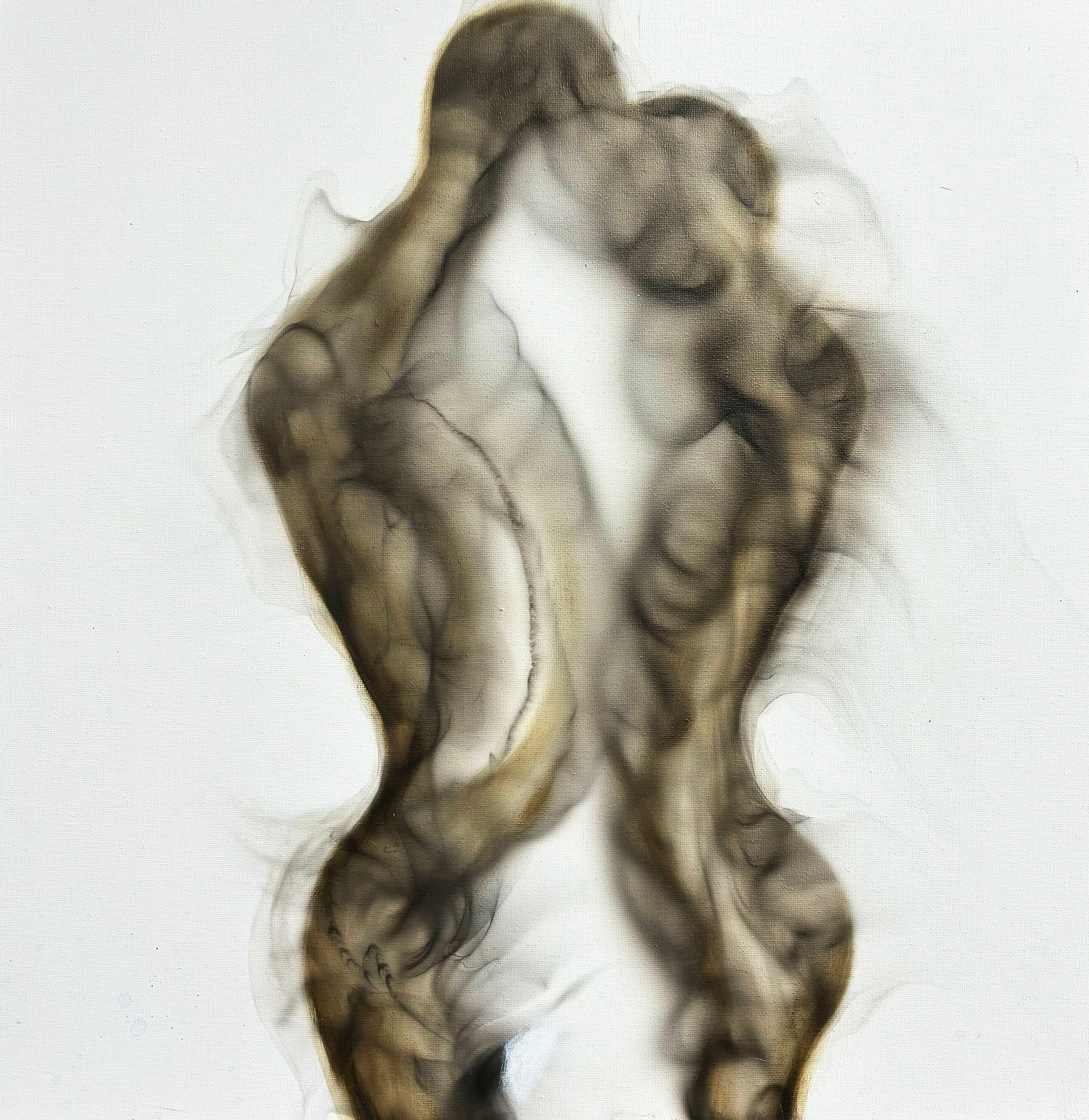 En las obras de Miguel Hernández predominan los cuerpos. Aquí, 'Abrazo y transformación', 50 x 50 cm. Foto: Cortesía del pintor.