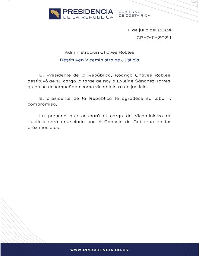 En el mensaje donde se informa sobre la destitución de Sánchez, el presidente de la República, Rodrigo Chaves, agradece al exmandatario por sus servicios. (Foto: Presidencia de la República) (Presidencia de la República)