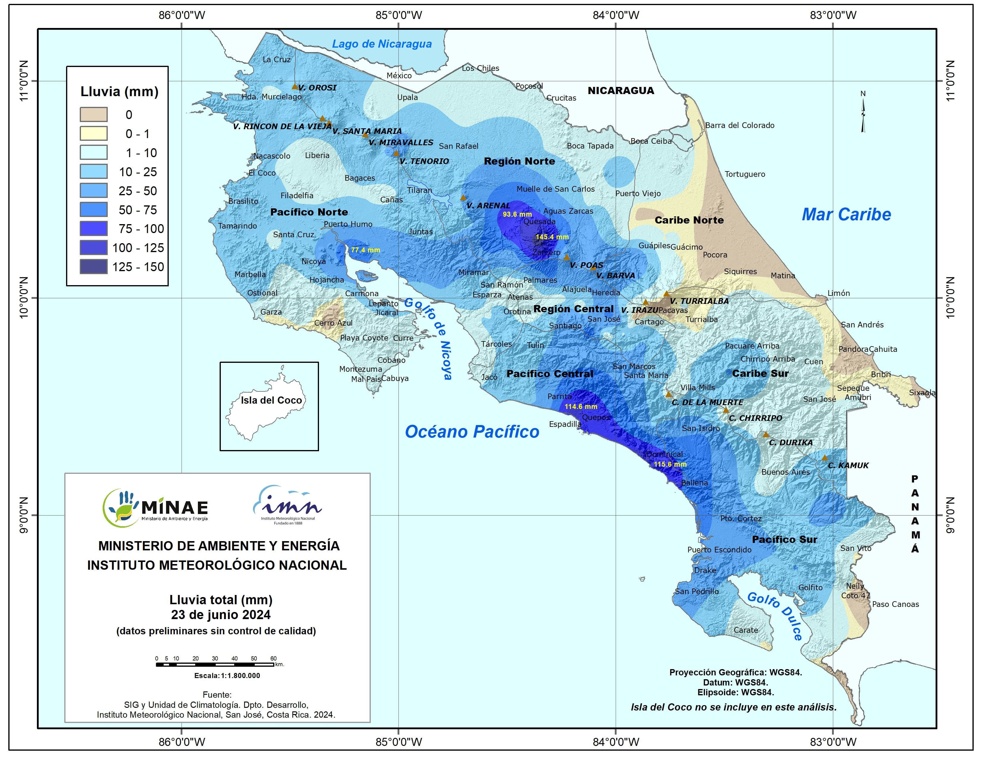 Los puntos más azules que se notan en Zarcero y alrededores, así como en Quepos y Dominical, representan las zonas más afectadas por lluvias este 23 de junio. Imagen: CNE.