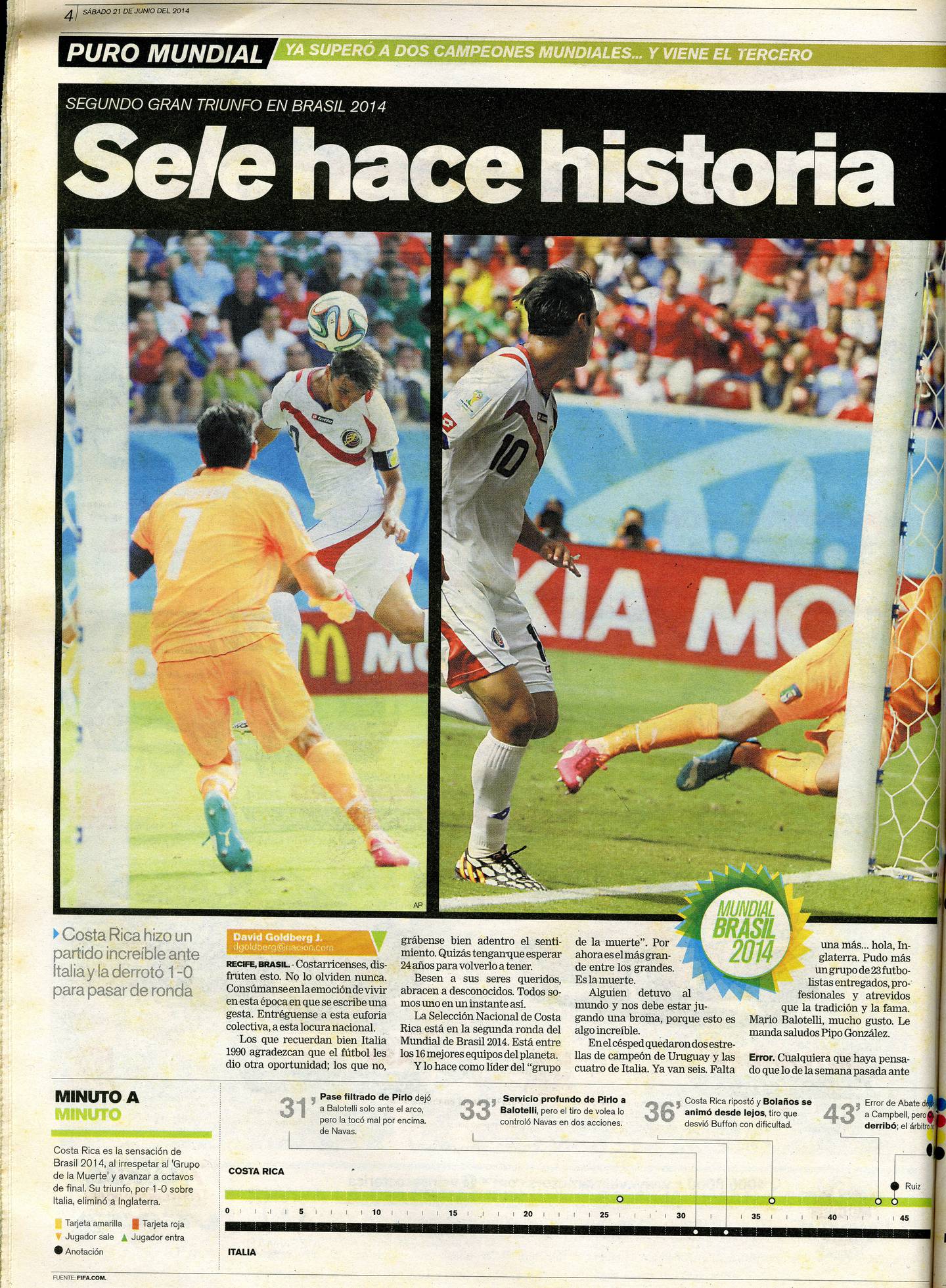Partido Costa Rica vs. Italia en el Mundial de Brasil 2014. / Archivo LN