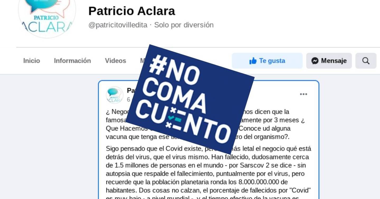 El perfil de Facebook llamado Patricio Aclara asegura, erróneamente, que la vacuna contra la covid-19 solo garantizará inmunidad por tres meses.