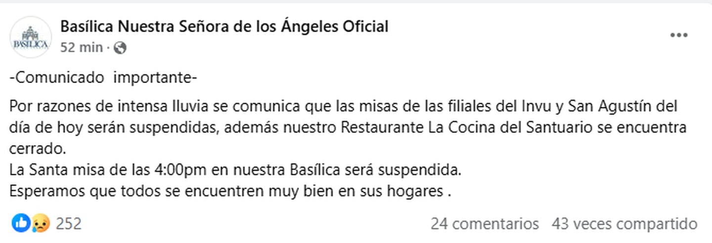 Esta es la publicación de Facebook de la Basílica de los Ángeles.

Fotografía: Captura de pantalla de Facebook