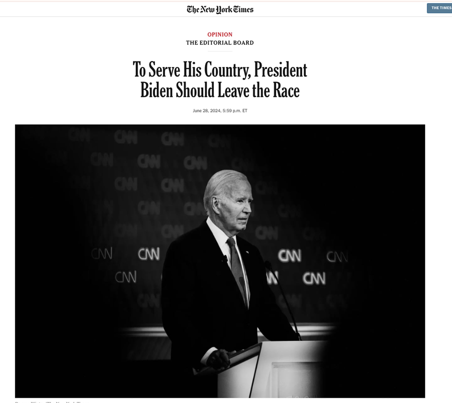En un editorial  titulado "Para servir al país, el presidente Biden debe abandonar la carrera", el consejo editorial pide al presidente renunciar a su campaña. (Foto: tomada del New York Times) (New York Times)