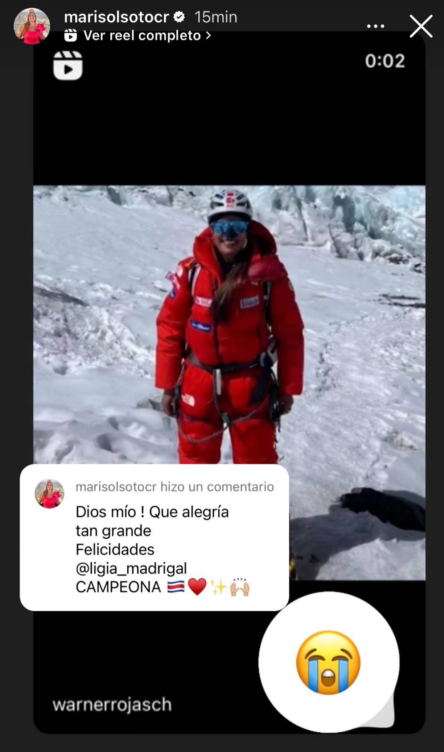 Con emojis de lágrimas y corazones, las figuras han reaccionado con alegría sobre la llegada de Ligia Madrigal al Everest. En la fotografía, una historia compartida por Marisol Soto.