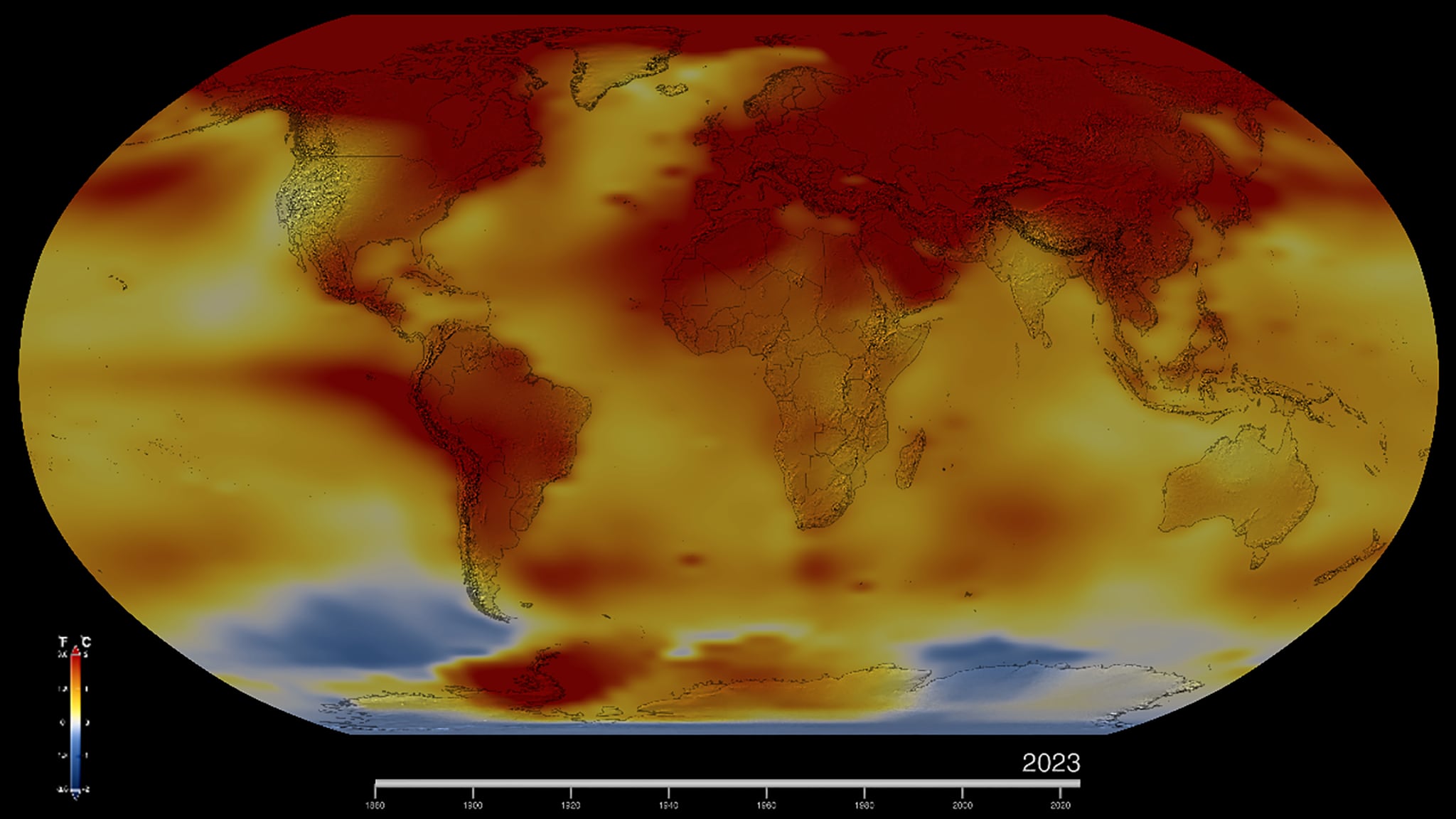 Este es el mapa de la Tierra en 2023, el cual muestra las anomalías en las temperaturas, o cuán fría o caliente estuvo cada región del planeta comparados con los promedios entre 1951 y 1980. Las temperaturas normales se muestran en blanco; las temperaturas más altas de lo normal, en rojo y anaranjado; y las más bajas en azul. Fotografía: NASA’s Scientific Visualization Studio