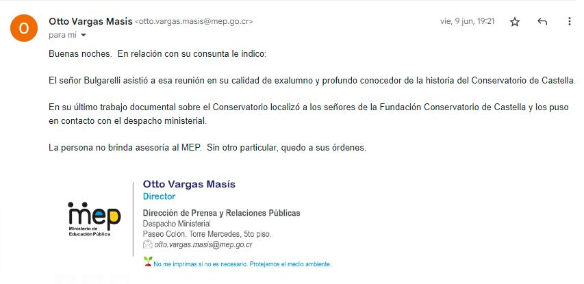 El 9 de junio del 2023, ante una consulta de 'La Nación', el director de Prensa y Relaciones Públicas del MEP, Otto Vargas, aseguró que Christian Bulgarelli 