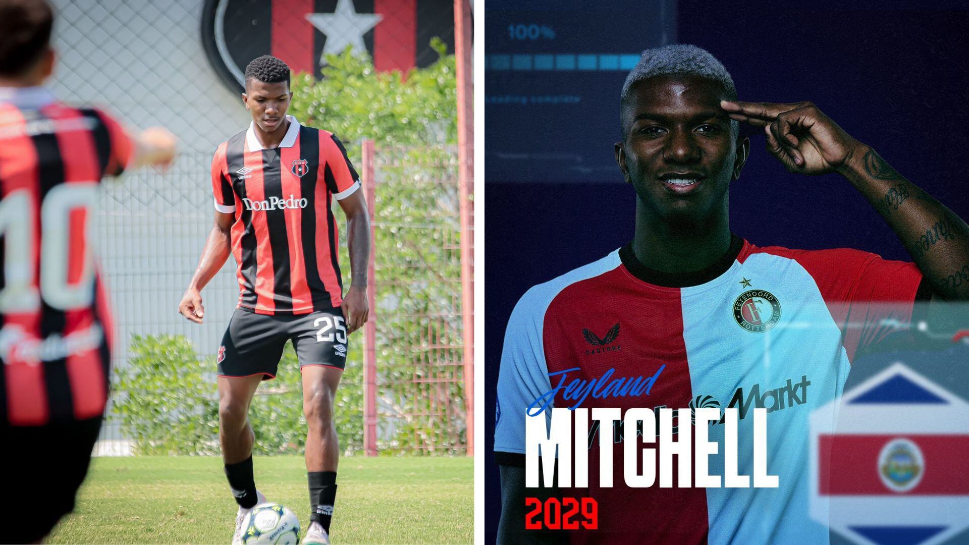 Jeyland Mitchell empezó 2024 como futbolista del equipo U-21 de Liga Deportiva Alajuelense y seis meses después fue anunciado de manera oficial como la nueva ficha del Feyenoord. Fotografías: Prensa Alajuelense y Feyenoord