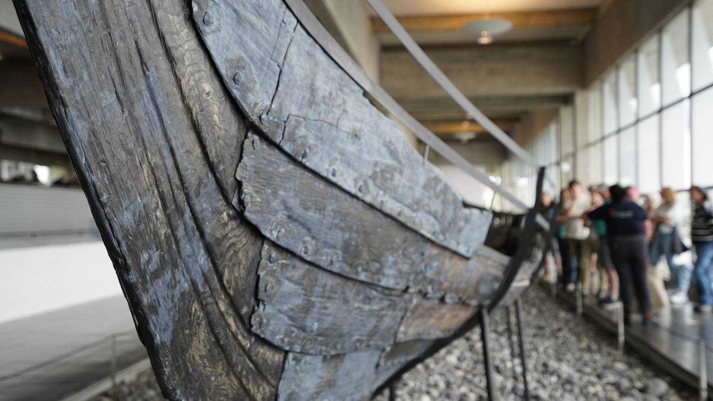 Visitantes ante los restos de madera del buque de guerra de la era vikinga, Skuldelev 5, en el Museo de Barcos Vikingos en Roskilde, Dinamarca. Fotografía: