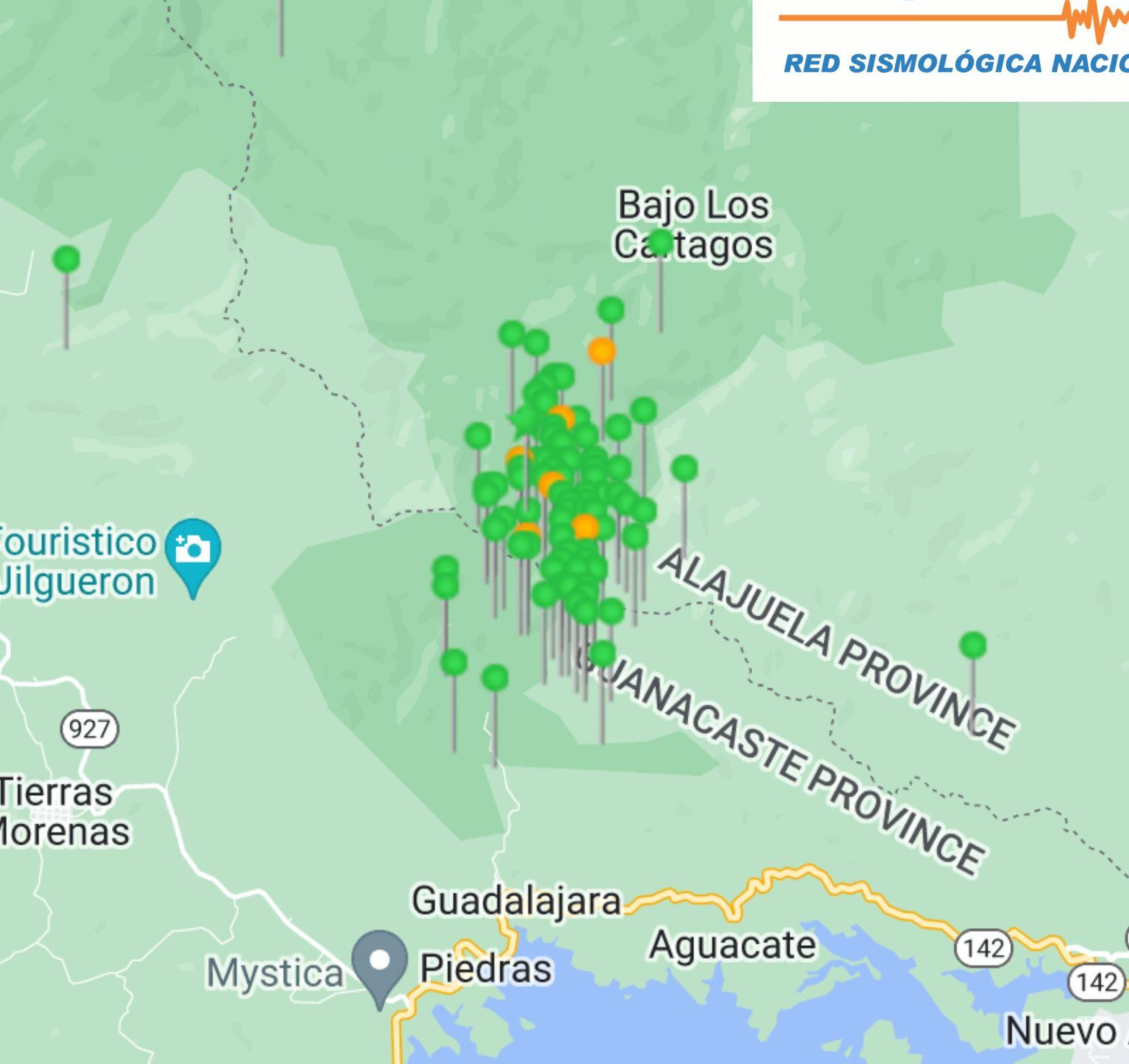 Los temblores se concentran al norte del lago Arenal entre las provincias de Guanacaste y Alajuela. El arco volcánico de Guanacaste tiene potencial para sismos de magnitud 6,7. Imagen: RSN.