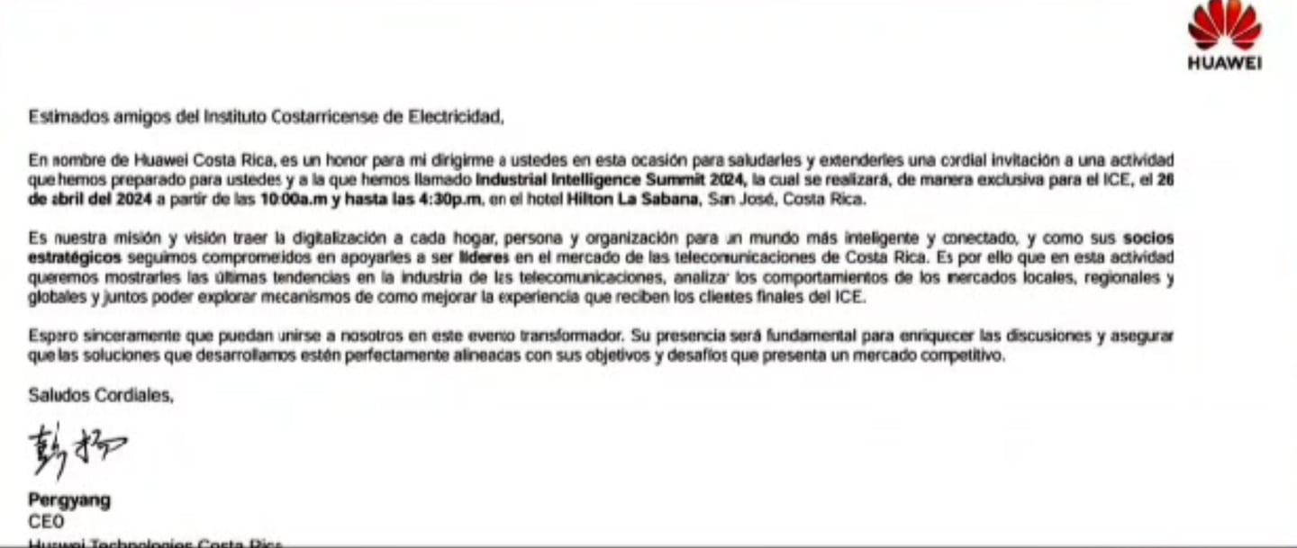 Fiesta de Huawei a empleados del ICE denunciada por sindicato del ICE. Foto: captura pantalla de información de Telenoticias. carta de invitación