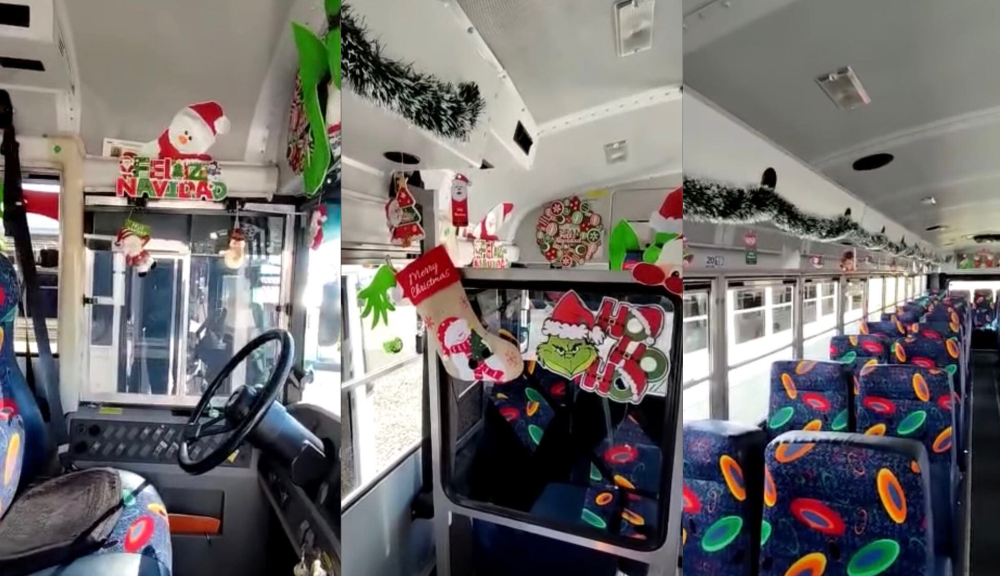 Un bus decorado de navidad transporta a trabajadores de una empresa en Cartago. 