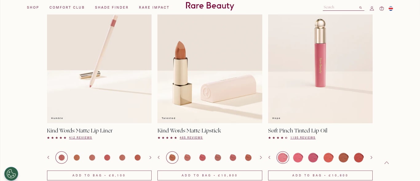 Desde este momento, es posible comprar los productos de Rare Beauty directamente en la página web. Los precios aparecen en colones. Foto: Captura de pantalla