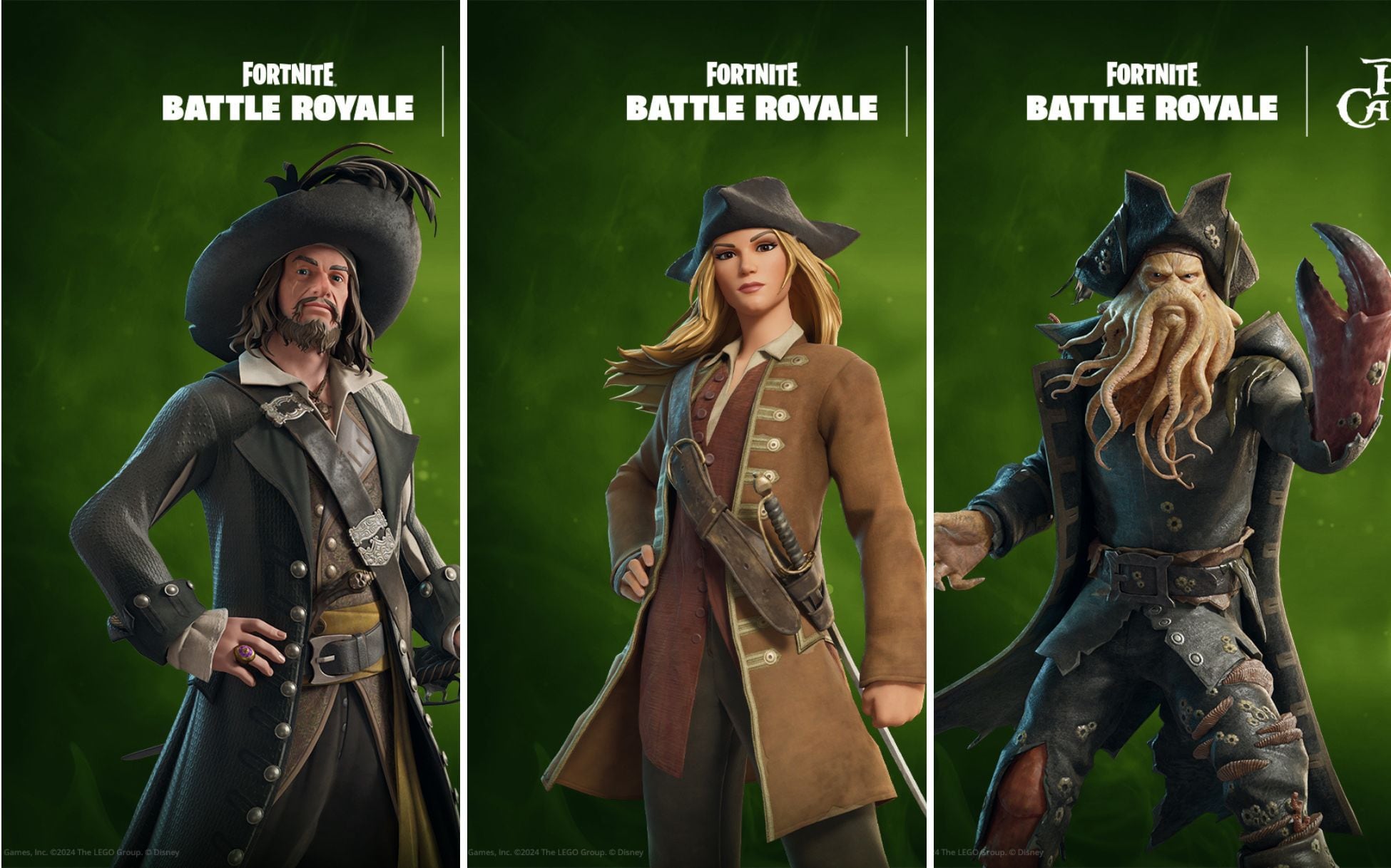 De izquierda a derecha: Capitán Barbosa, Elizabeth Swan y Davy Jones. Foto: Sitio web de Fornite.