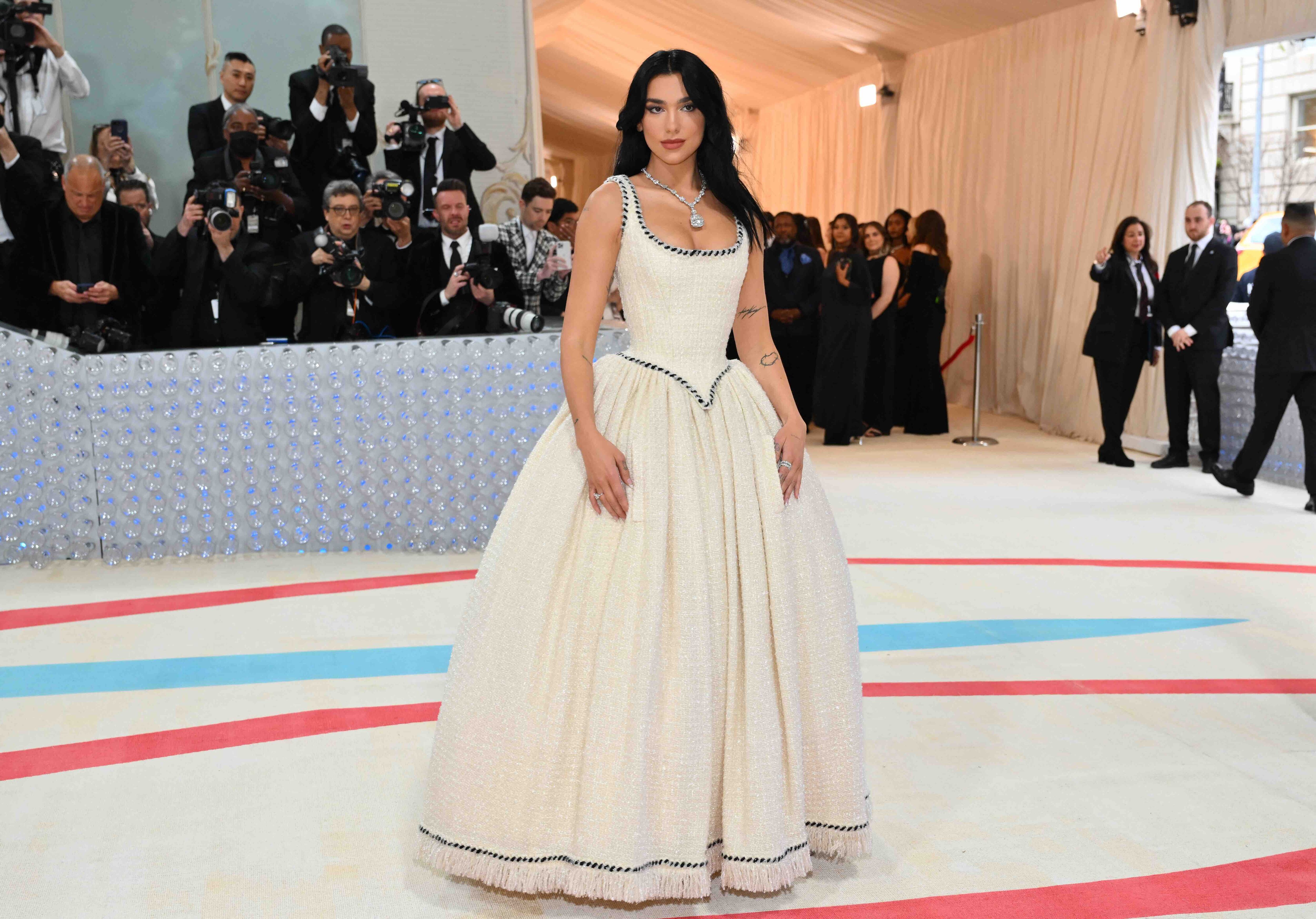 English singer-songwriter Dua Lipa arrives for the 2023 Met Gala at the Metropolitan Museum of Art on May 1, 2023, in New York. - The Gala raises money for the Metropolitan Museum of Art's Costume Institute. The Gala's 2023 theme is ìKarl Lagerfeld: A Line of Beauty.î (Photo by ANGELA WEISS / AFP)