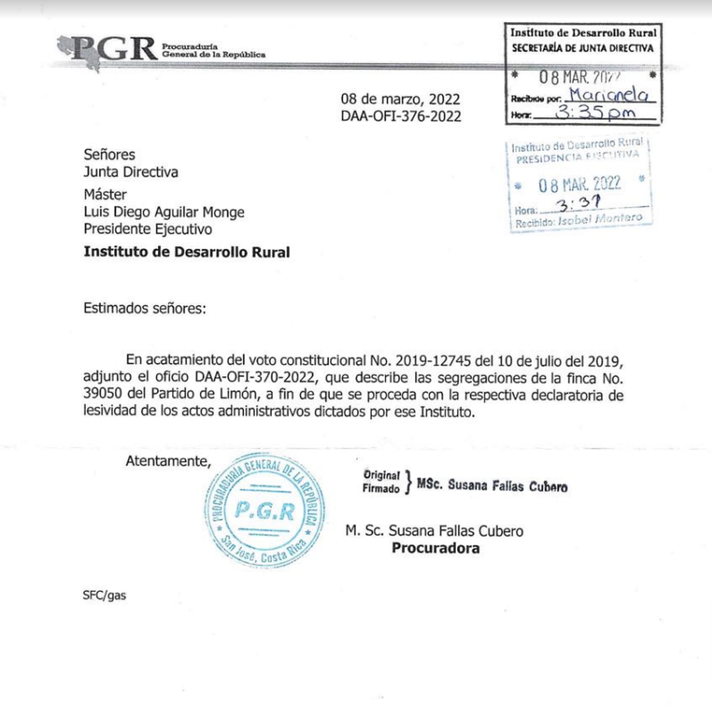 Carta enviada por la procuradora Susana Fallas Cubero al entonces presidente ejecutivo del Inder, Luis Diego Aguilar Monge, el 8 de marzo del 2022. Foto: Reproducción