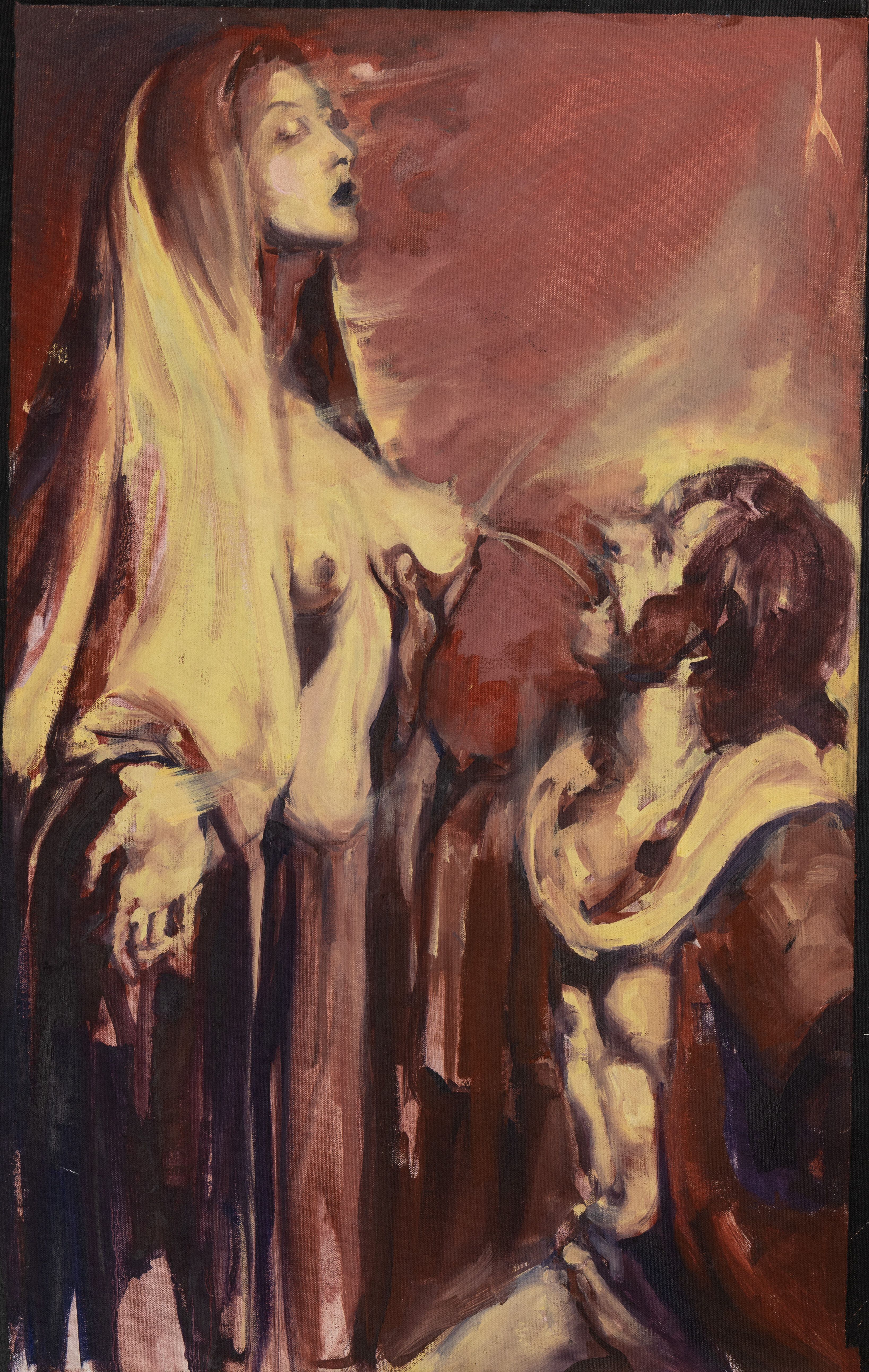 Judith Fallas balancea lo oscuro y la sátira en sus obras, como lo es el caso de la pintura en óleo 'Señora de la Leche'.