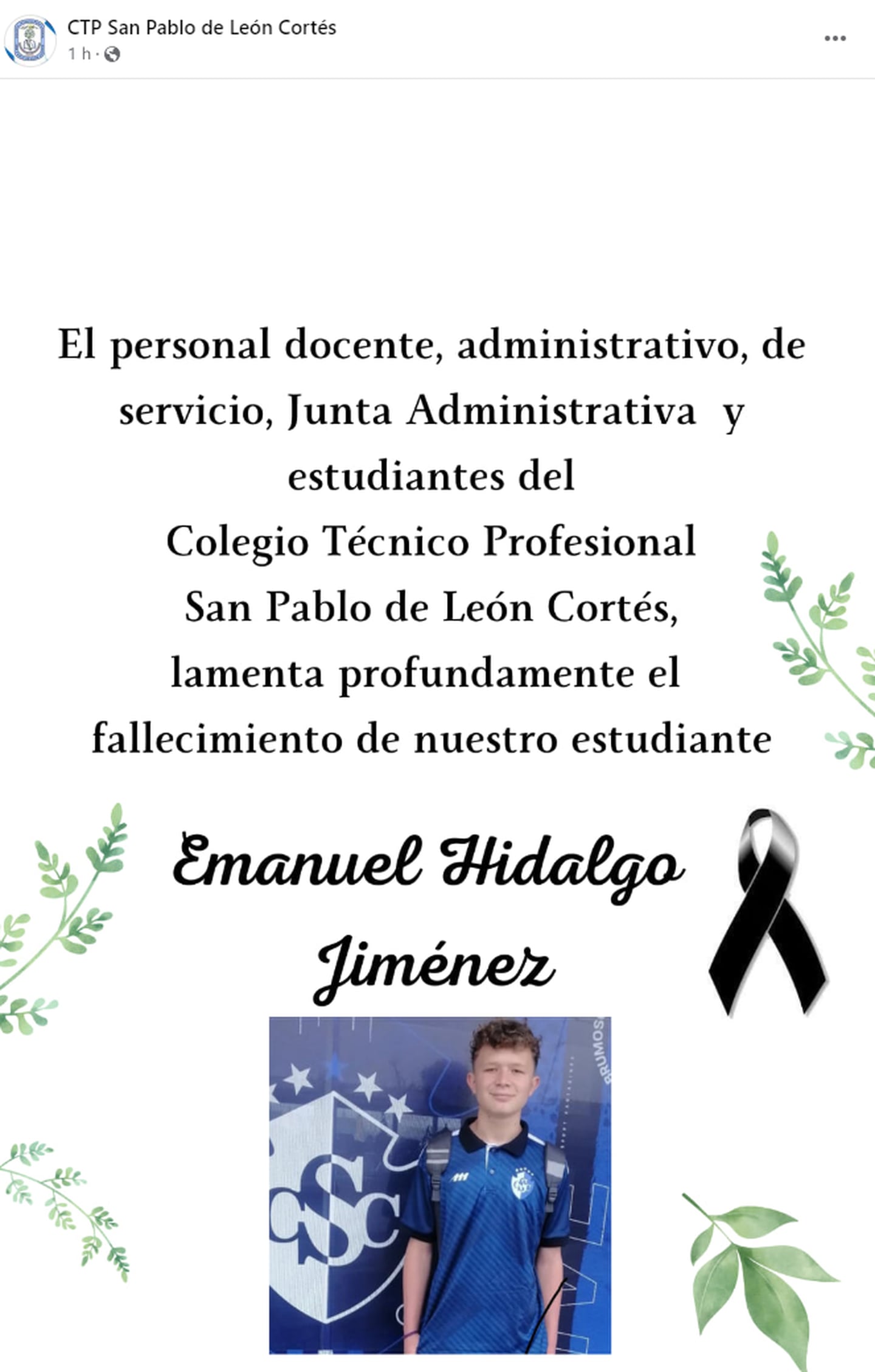 Colegio Técnico Profesional de San Pablo de León Cortés publica esquela por fallecimiento de alumno. Emanuel Hidalgo Jiménez