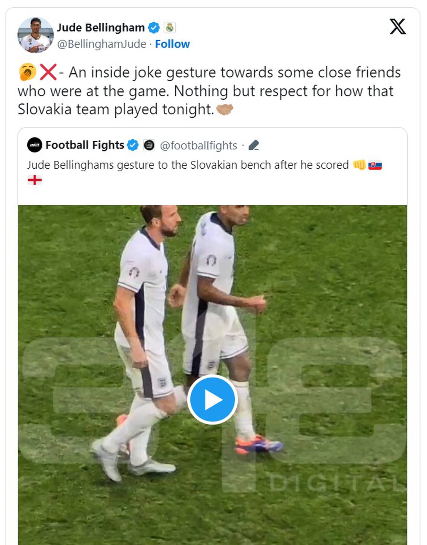 Bellingham explicó en redes sociales que el gesto era una "broma interna" con amigos cercanos que estaban en el estadio.