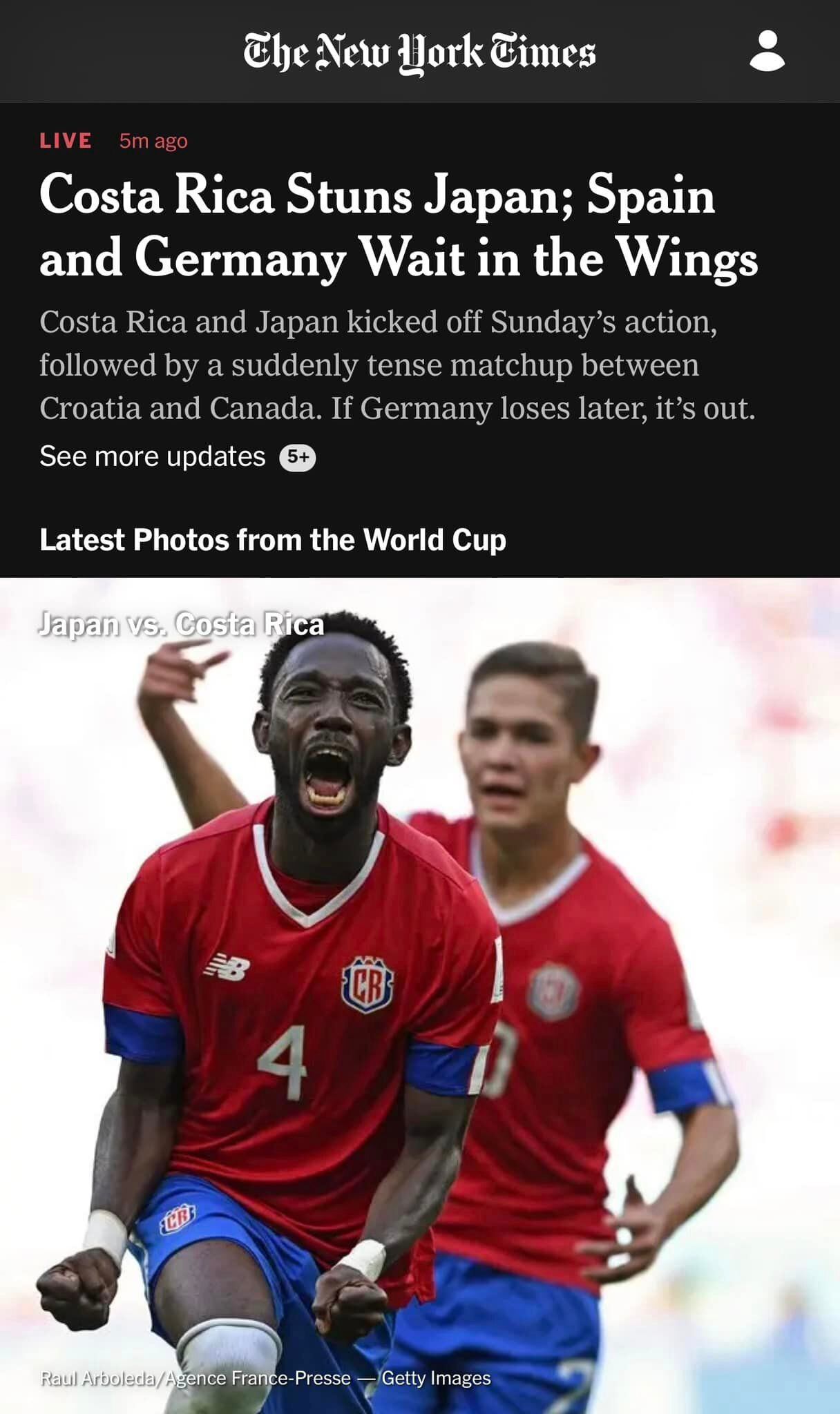 The New York Times fue otro de los medios de comunicación que dio a conocer la noticia de la victoria de Costa Rica en Qatar 2022.  Tomado de Facebook