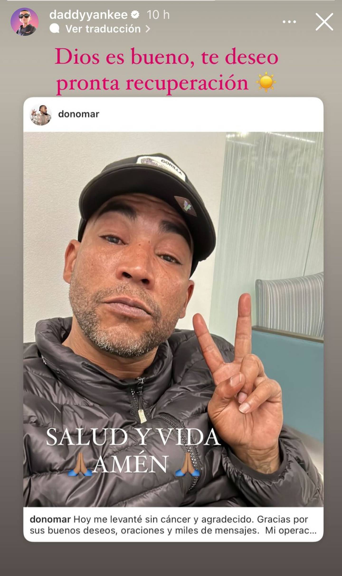 Daddy Yankee compartió una publicación de Don Omar y le deseó pronta recuperación en su enfermedad.