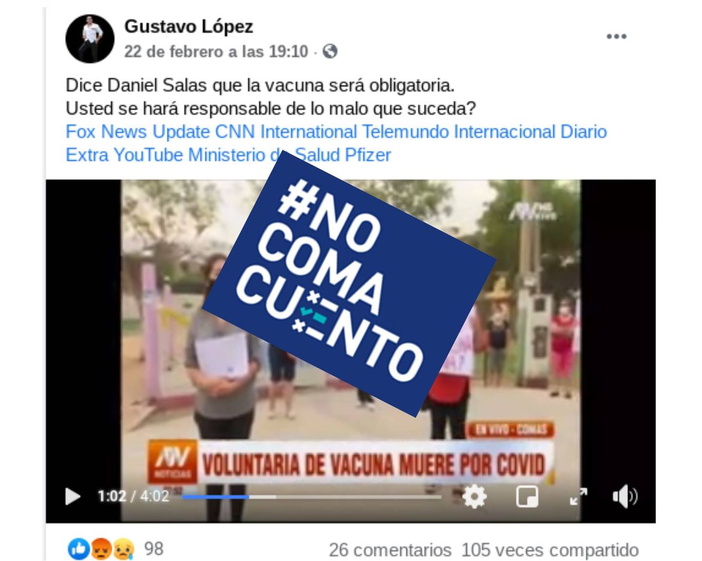 La información que afirma que la mujer peruana murió después de inocularse contra el coronavirus fue publicada en un perfil de Facebook en Costa Rica llamado Gustavo López.