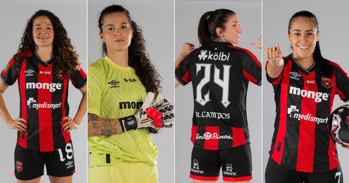 Emilie Valenciano, Noelia Bermúdez, Kari Nicole Johnston y Viviana Chinchilla muestran el uniforme que estrenarán las leonas de Liga Deportiva Alajuelense en la final contra Sporting.