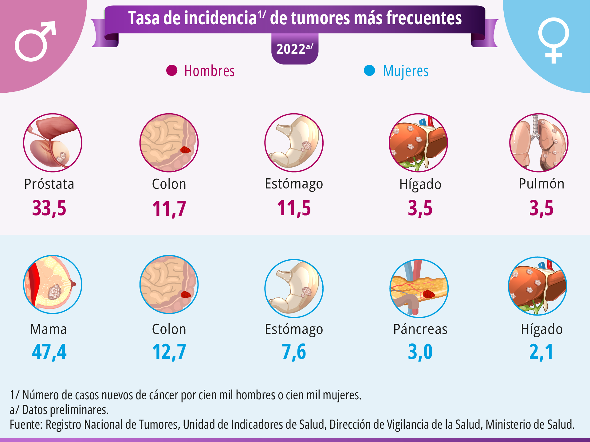 Estos son los tipos de cáncer más comunes en costa Rica por sexo. Imagen: INEC