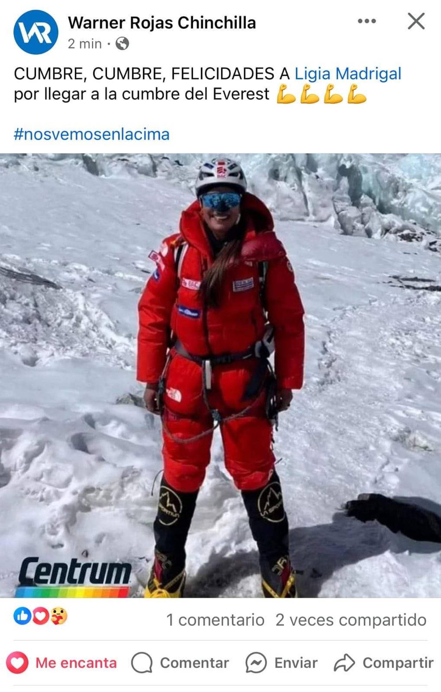 Warner Rojas felicitó a Ligia Madrigal por subir el Everest.