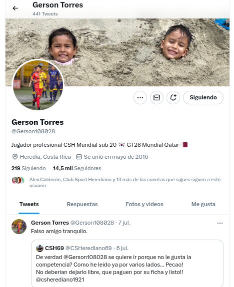Gerson Torres contestó en Twitter la posibilidad de una salida del Herediano. Tomado de Twitter
