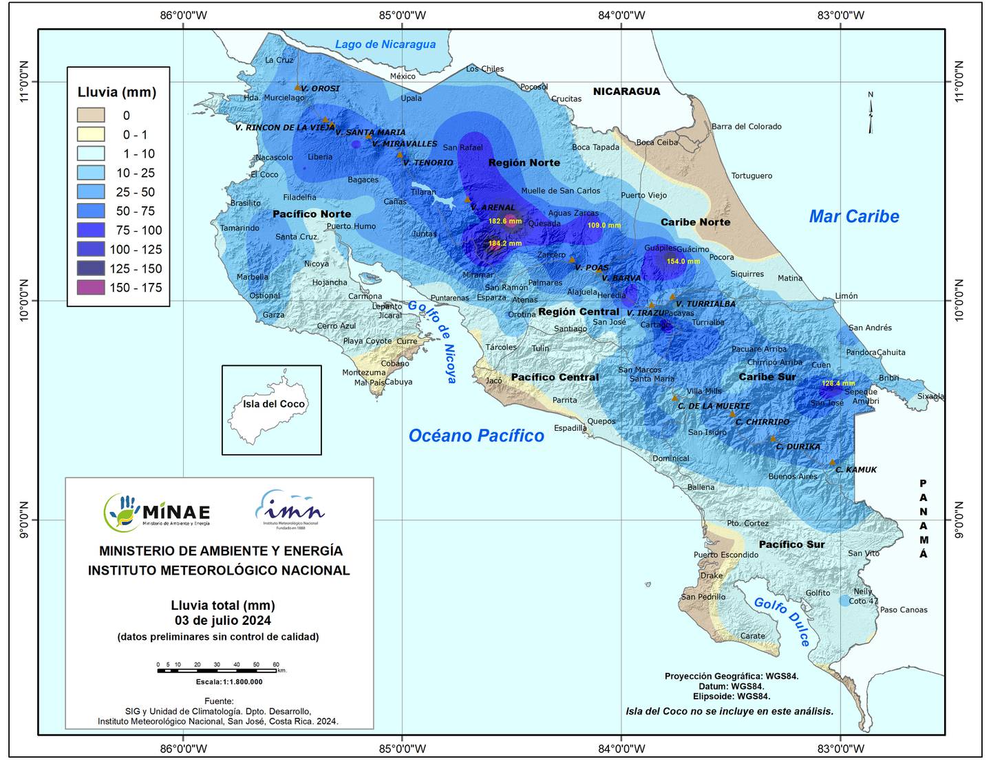 Este mapa muestra como en las cercanías del volcán Arenal, San Carlos, las estaciones superaron los 180 litros de agua por metro cuadrado. En Oreamuno y Talamanca también llovió fuerte. Imagen: IMN.
