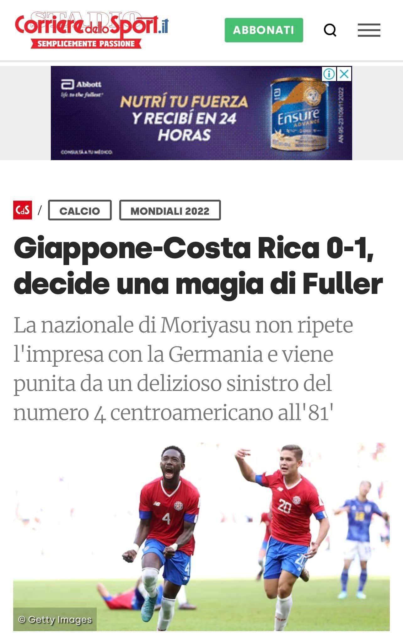 El periódico italiano Corriere dello Sport indicó que Keysher Fuller sacó su magia para darle el triunfo a Costa Rica. Tomado de Facebook