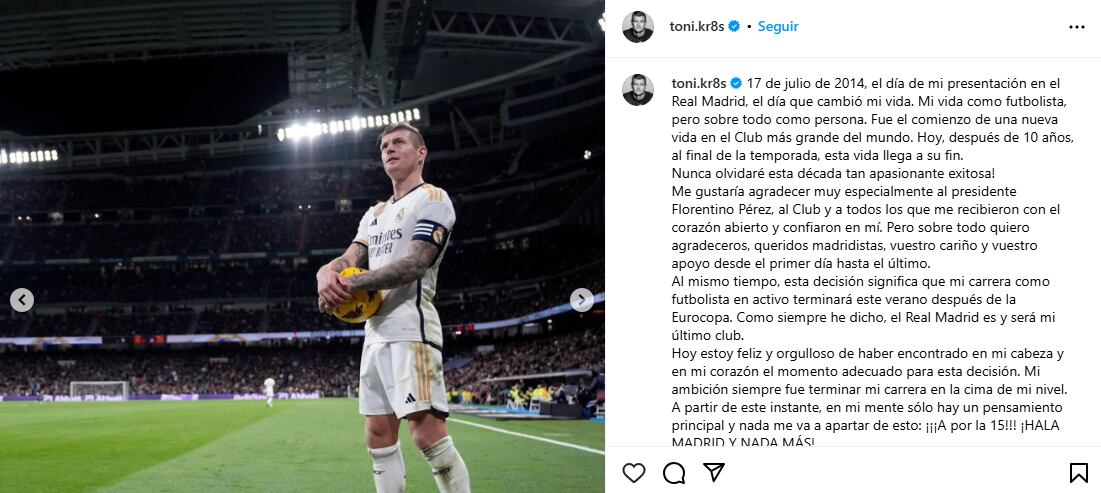 El centrocampista del Real Madrid, Toni Kroos, anunció en un comunicado publicado en Instagram que se retirará después de la Eurocopa 2024, en junio.