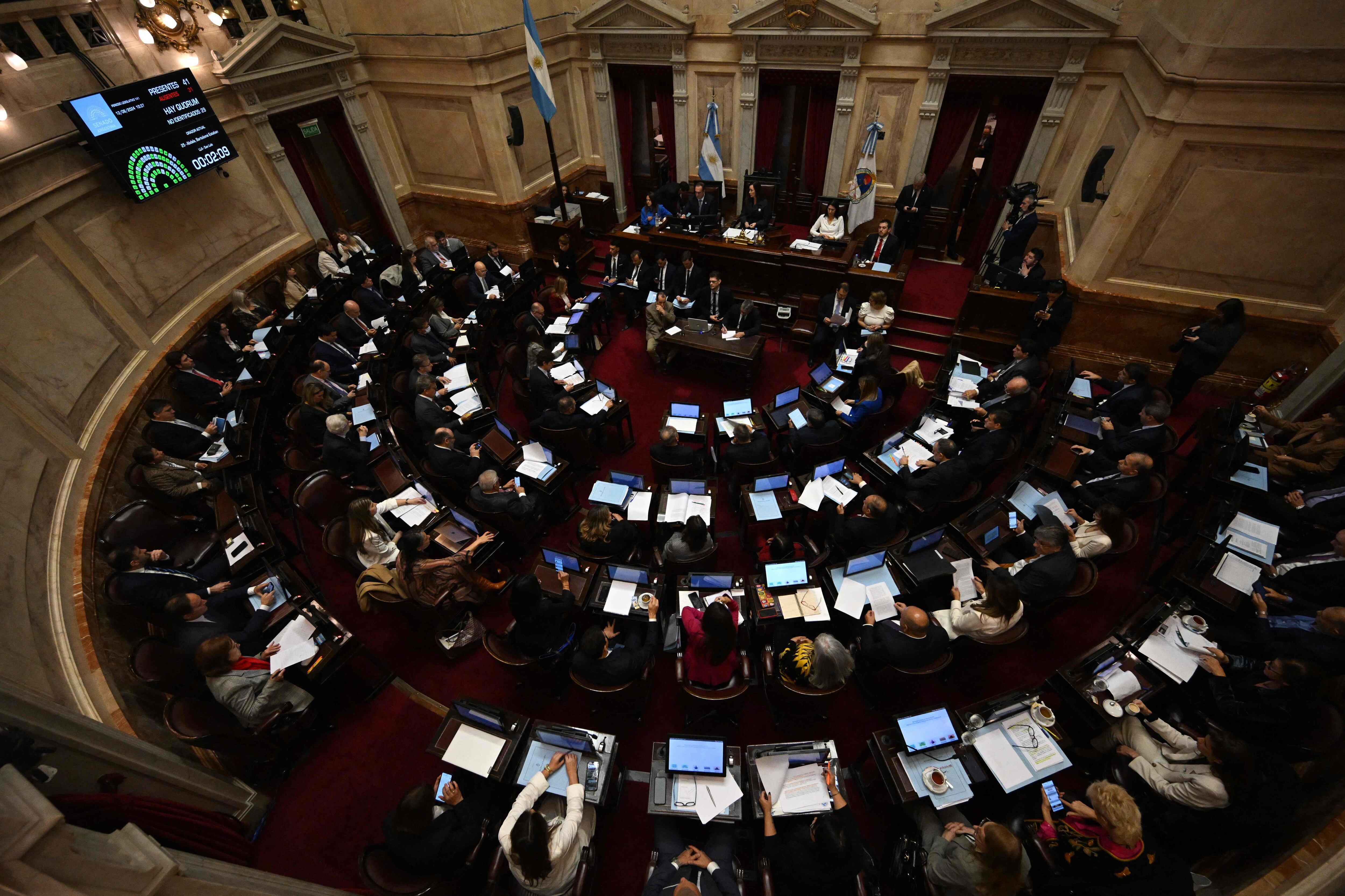 Members of the Argentina's Senate attend a session at the National Congress in Buenos Aires on June 12, 2024. Argentine senators are discussing a key reform package for the ultra-right-wing president Javier Milei, in a session marked by strikes and demonstrations in front of Congress. (Photo by Luis ROBAYO / AFP)