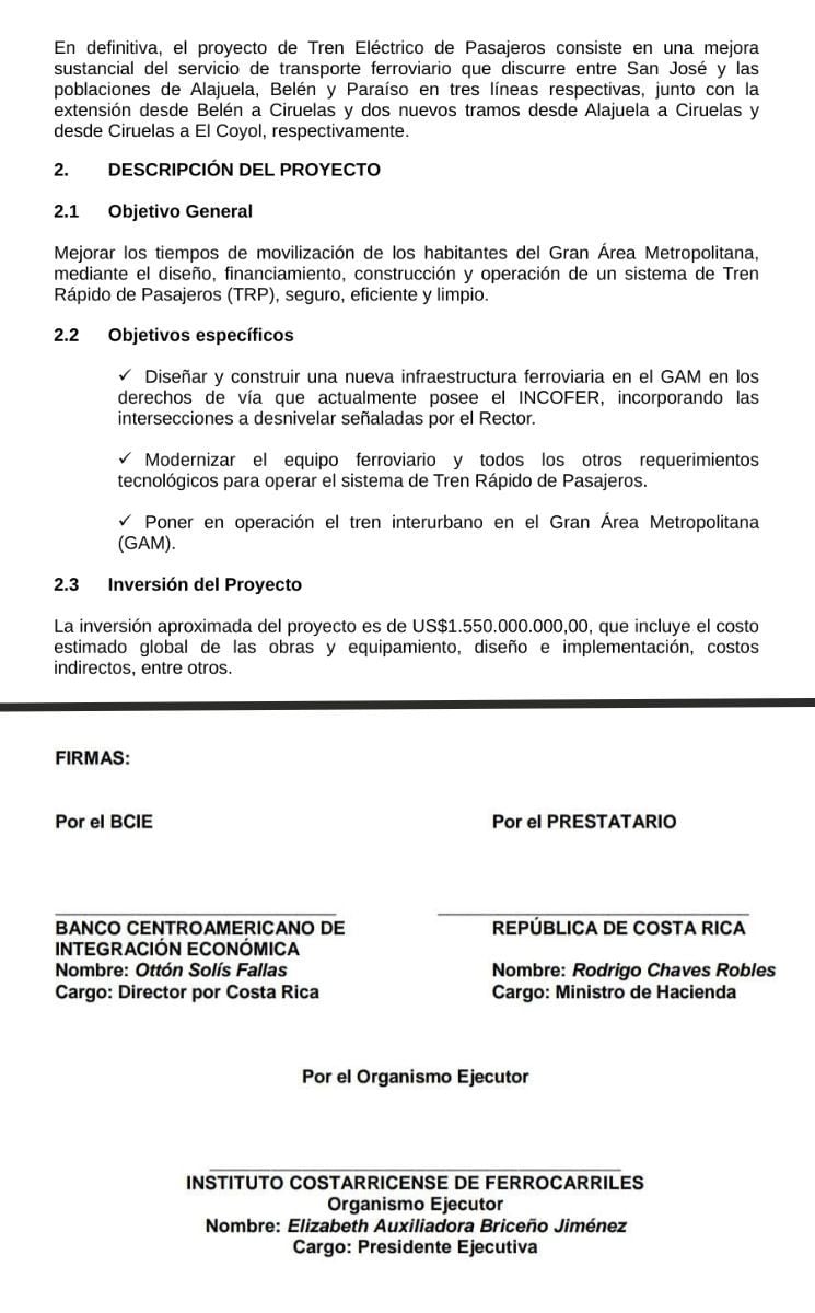 Esta es la firma de Rodrigo Chaves en el proyecto de ley que propuso el tren eléctrico durante la administración de Carlos Alvarado.