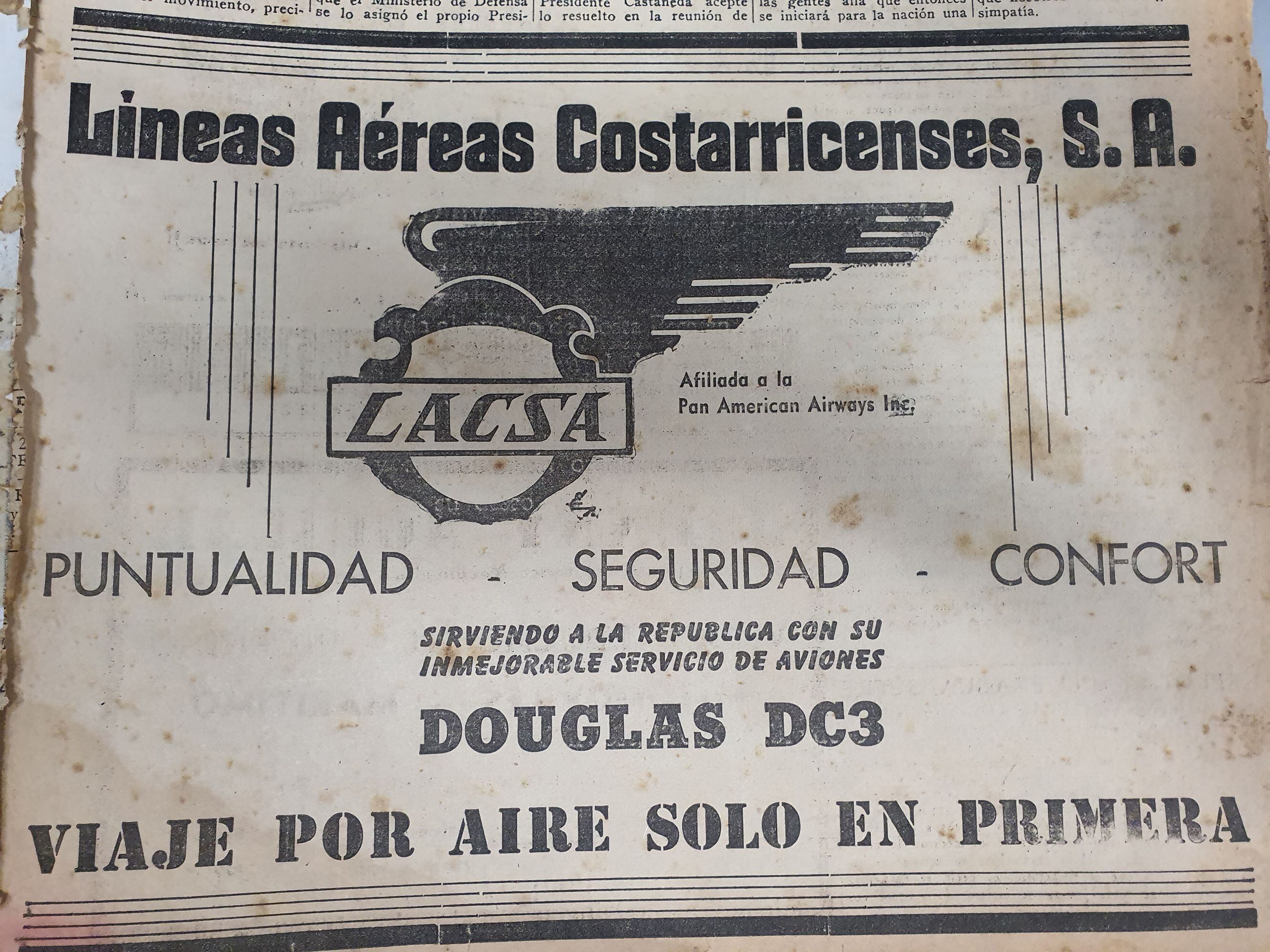 Lacsa anunció el 12 de octubre de 1946, en la primera edición de La Nación, sus nuevos aviones DC-3 y la 