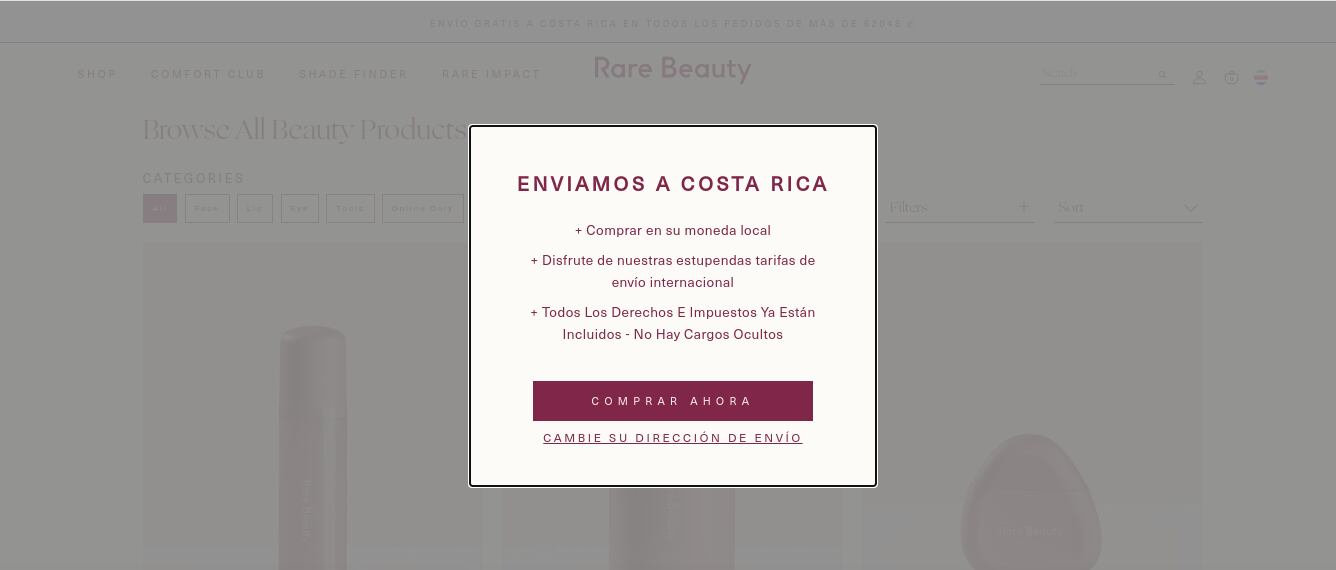 Al ingresar a la página de Rare Beauty, la marca de Selena Gómez, aparece un aviso en el que notifican que ya es posible comprar en su sitio web desde Costa Rica.