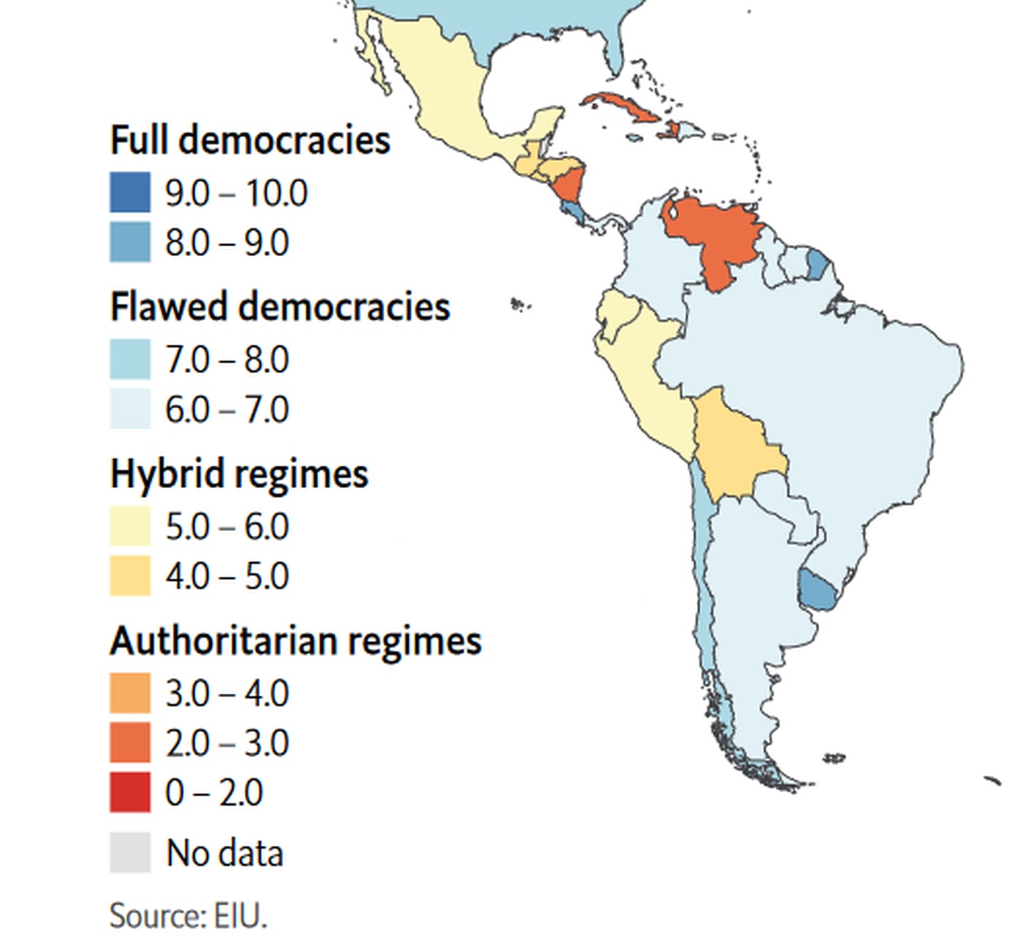 En América Latina y el Caribe la tendencia es de continuo retroceso democrático, asó lo indica el índice de democracia de The Economist para 2023